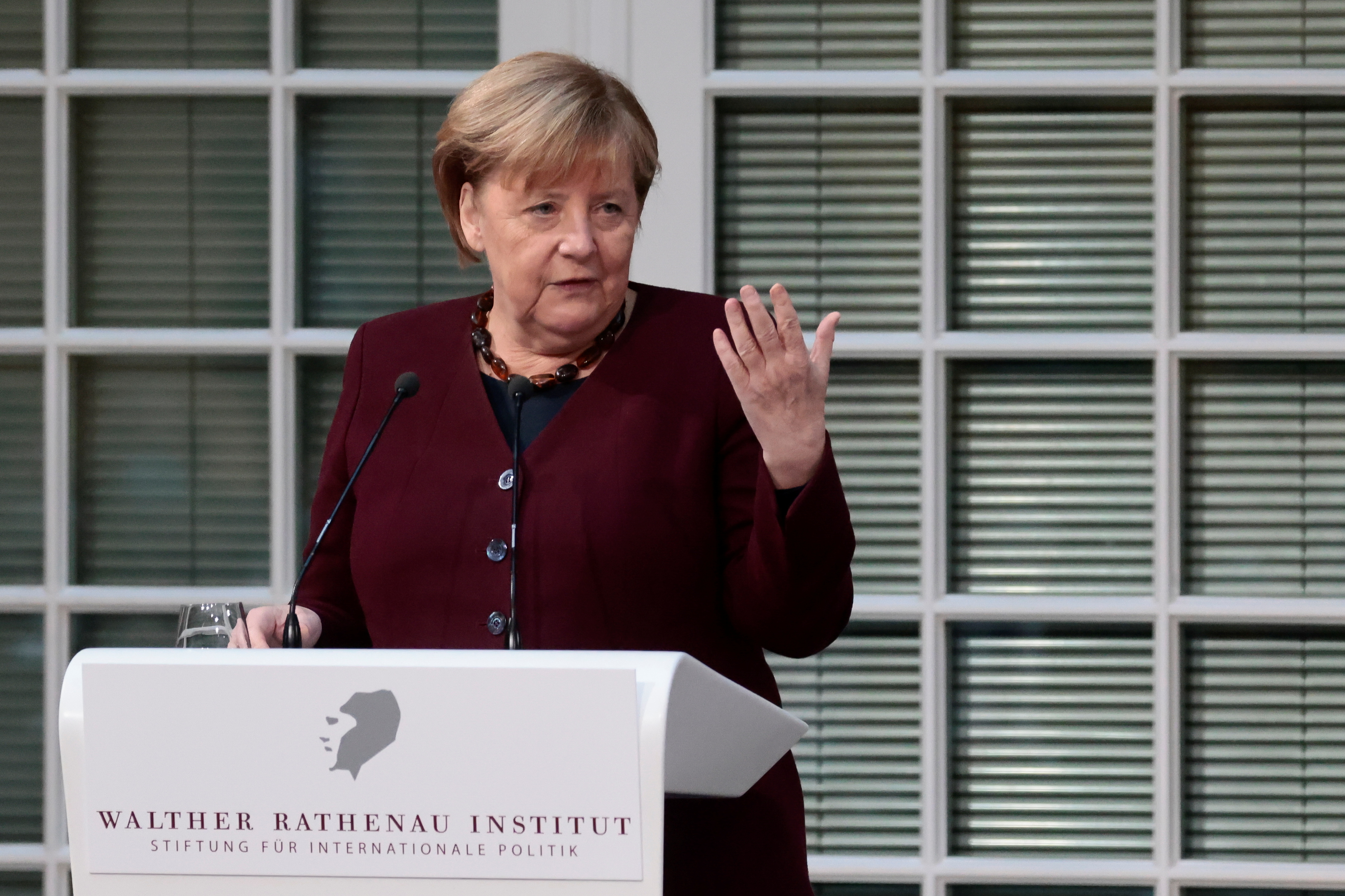 German Chancellor Merkel speaks after receiving the Walther-Rathenau Award, in Berlin, Germany, November 5, 2021. REUTERS/Hannibal Hanschke