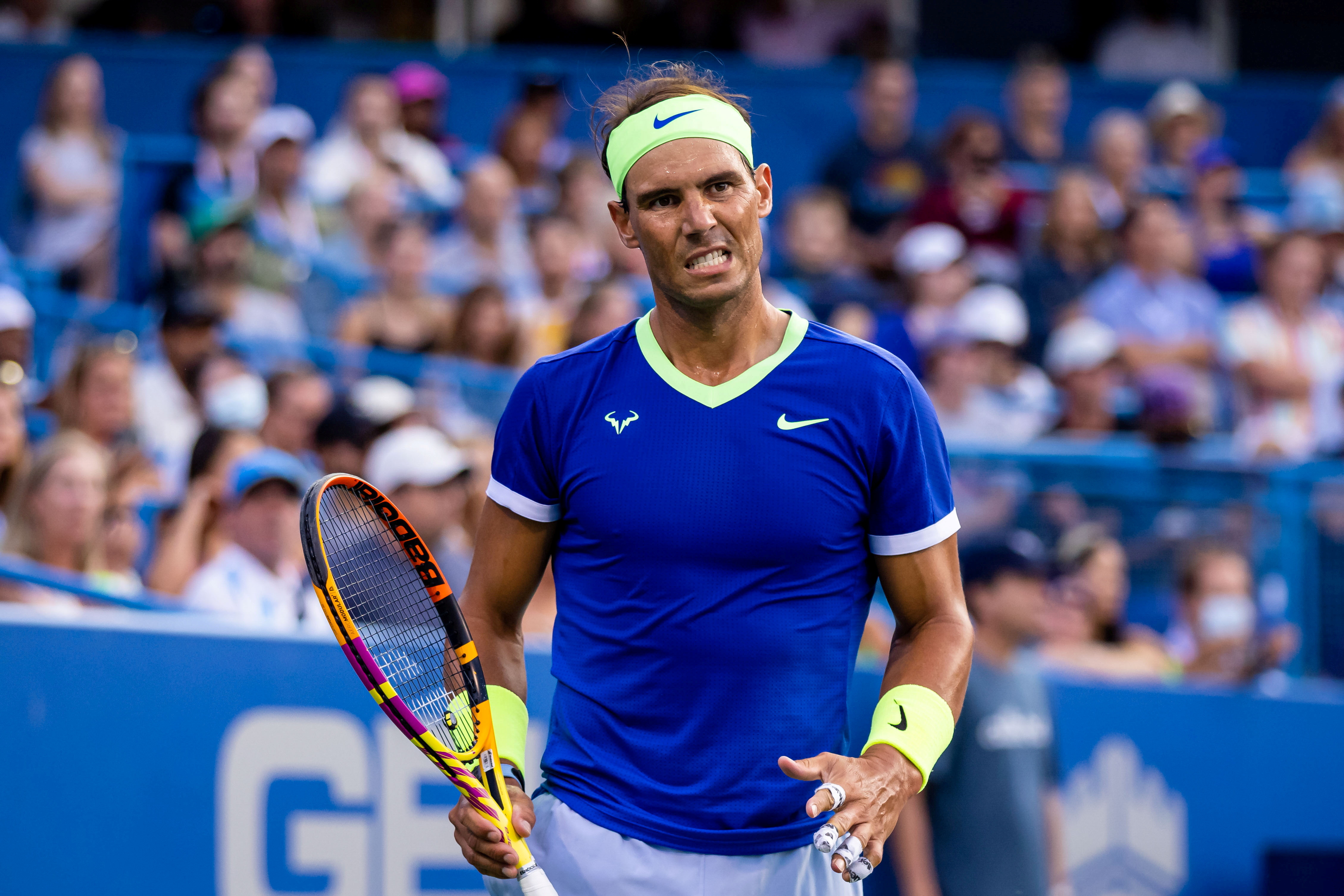 Aug 4, 2021; Washington, DC, USA; Rafael Nadal of Spain reacts during the Citi Open at Rock Creek Park Tennis Center. Mandatory Credit: Scott Taetsch-USA TODAY Sports