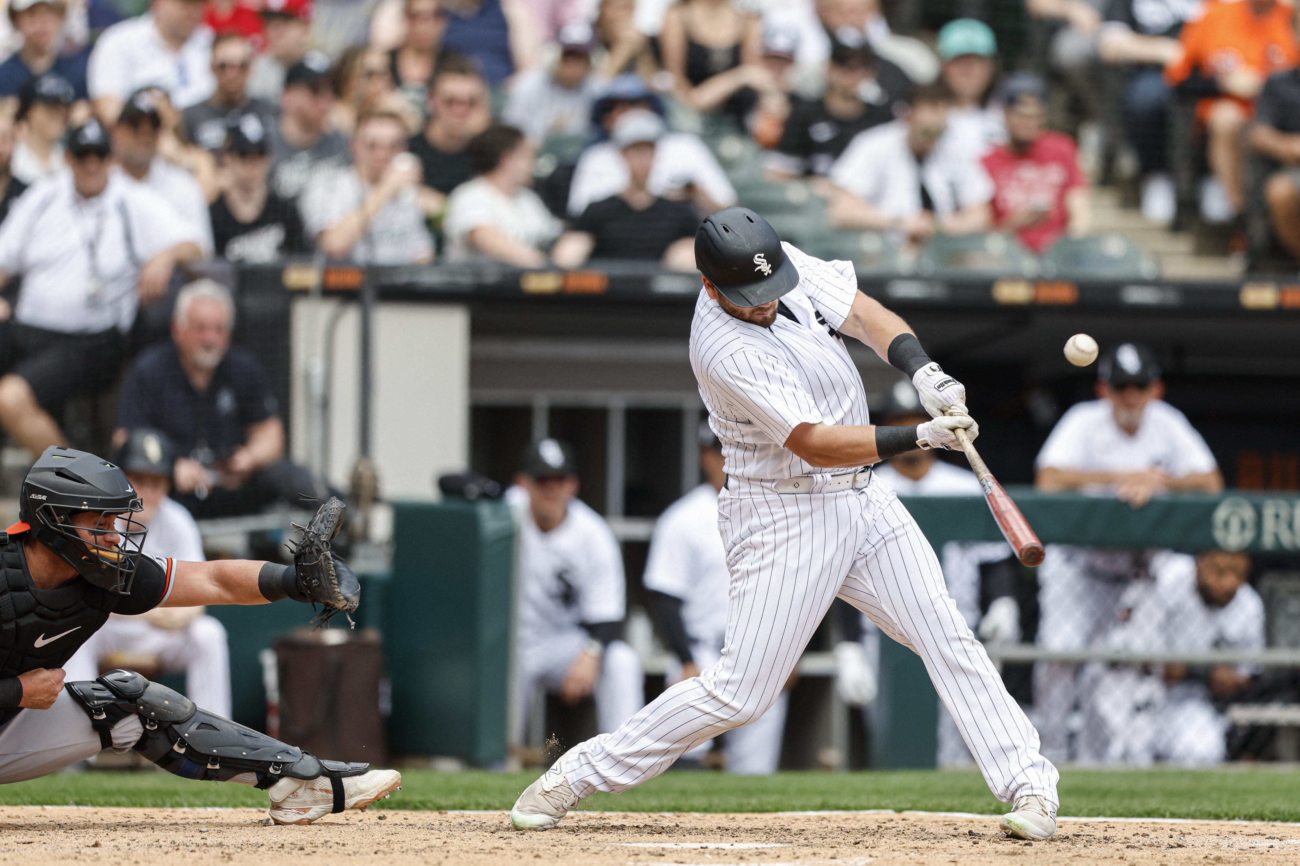 CHICAGO, IL - APRIL 15: Chicago White Sox catcher Yasmani Grandal (24) bats  during an MLB game against the Baltimore Orioles on April 15, 2023 at  Guaranteed Rate Field in Chicago, Illinois. (