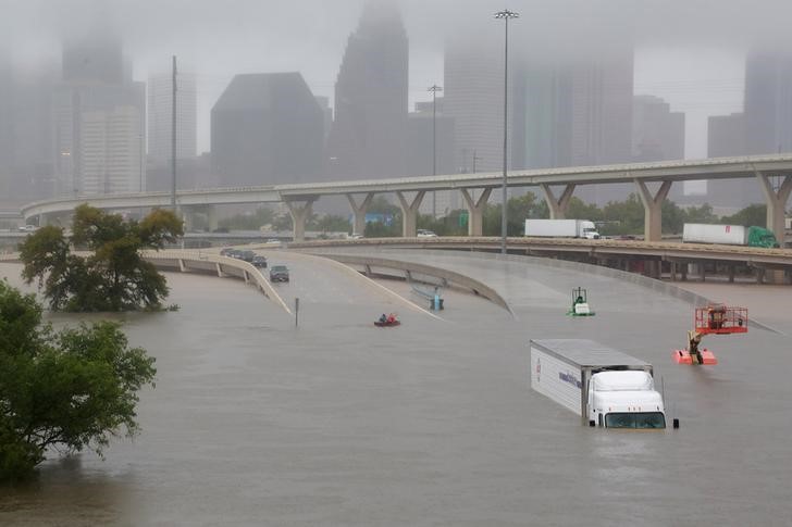 Submerged freeways from the effects of Hurricane Harvey are seen during widespread flooding in Houston
