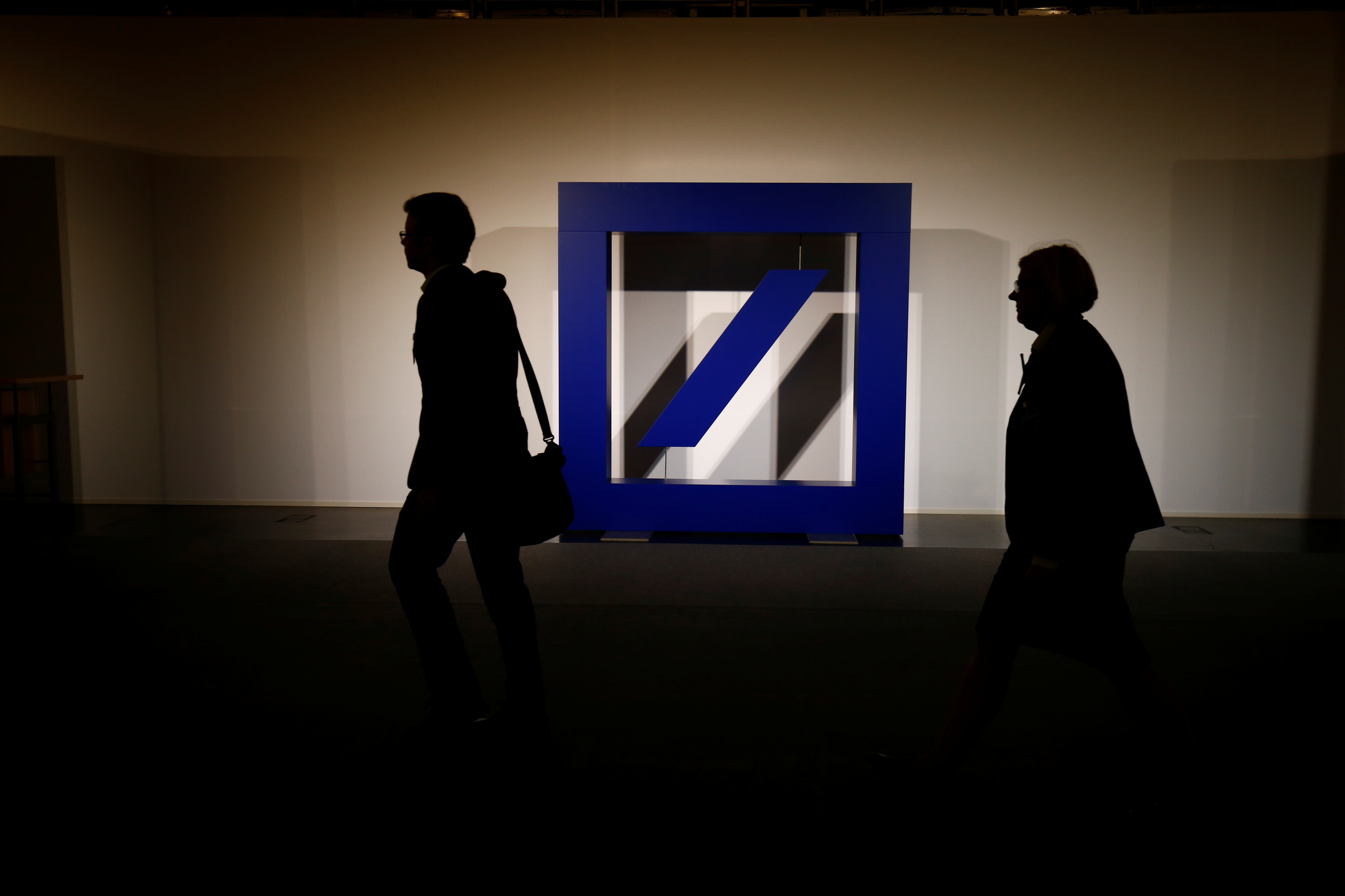 The logo of Deutsche Bank is seen at its headquarters ahead of the bank's annual general meeting in Frankfurt