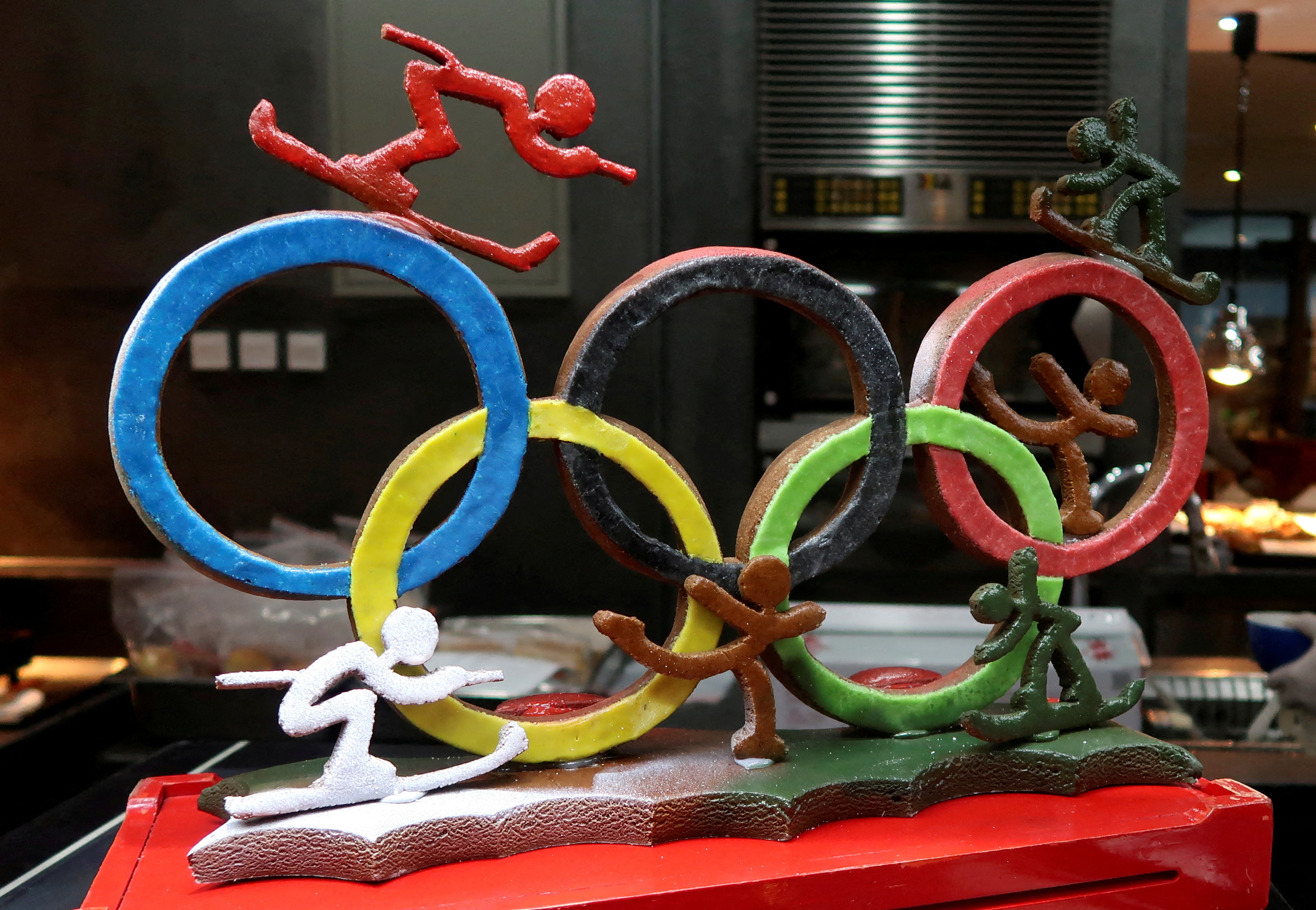 A baking creation of the Olympic rings is on display during breakfast for guests of a hotel ahead of the Beijing 2022 Winter Olympics in Beijing, China January 8, 2022.    REUTERS/Fabrizio Bensch/File Photo