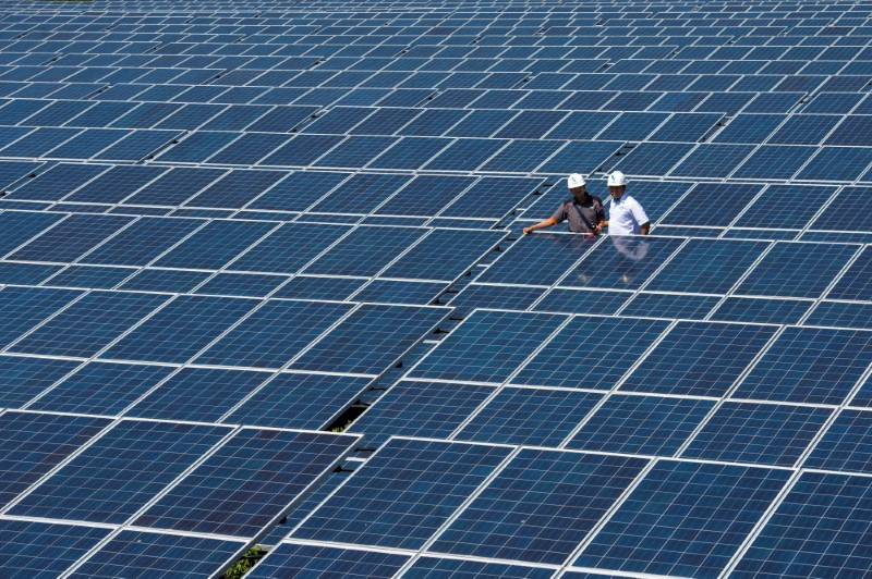 State Electricity Company officials stands between solar cell panels at Oelpuah village in Kupang