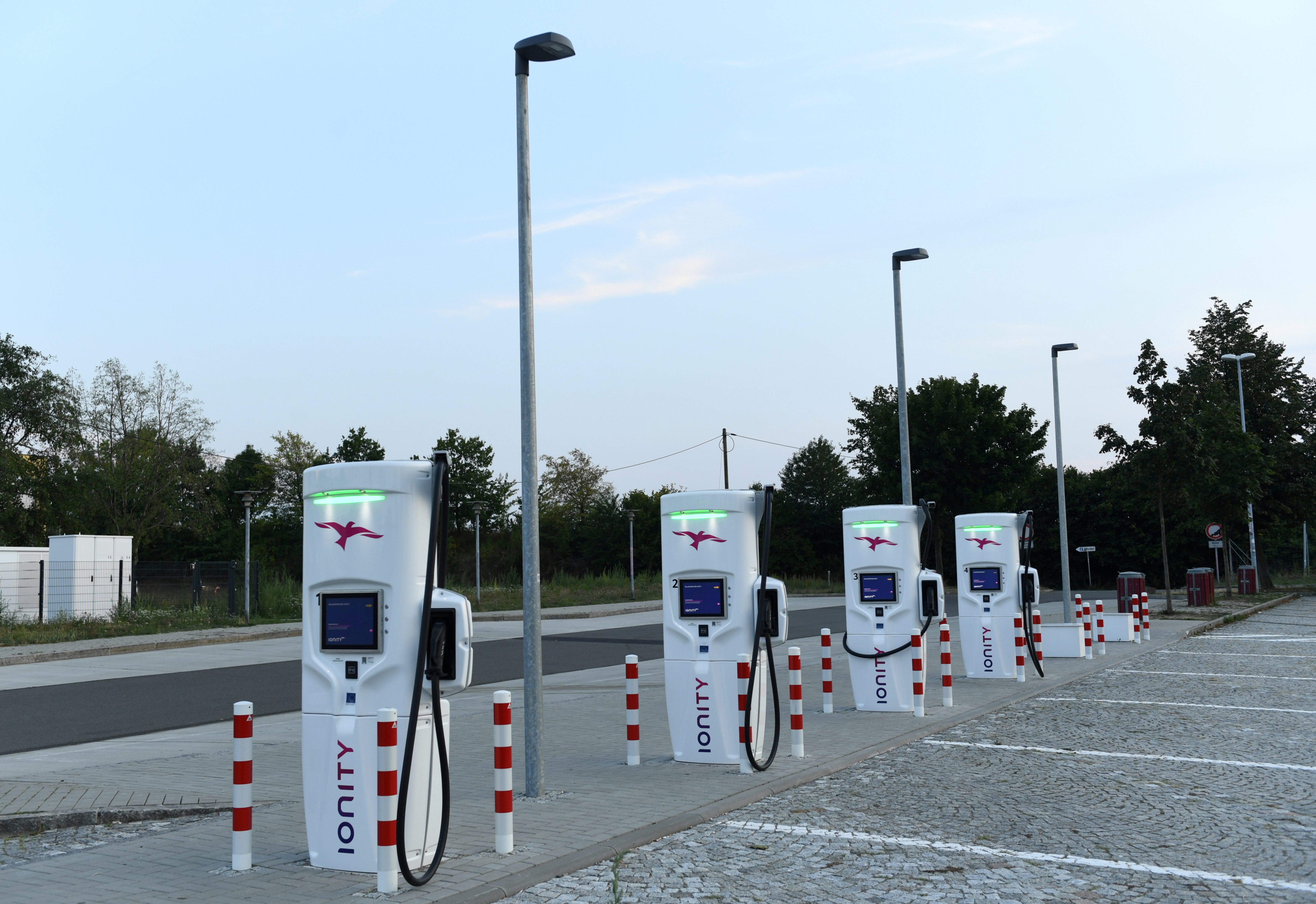 An Ionity electric vehicle charging station is pictured on the motorway service station 