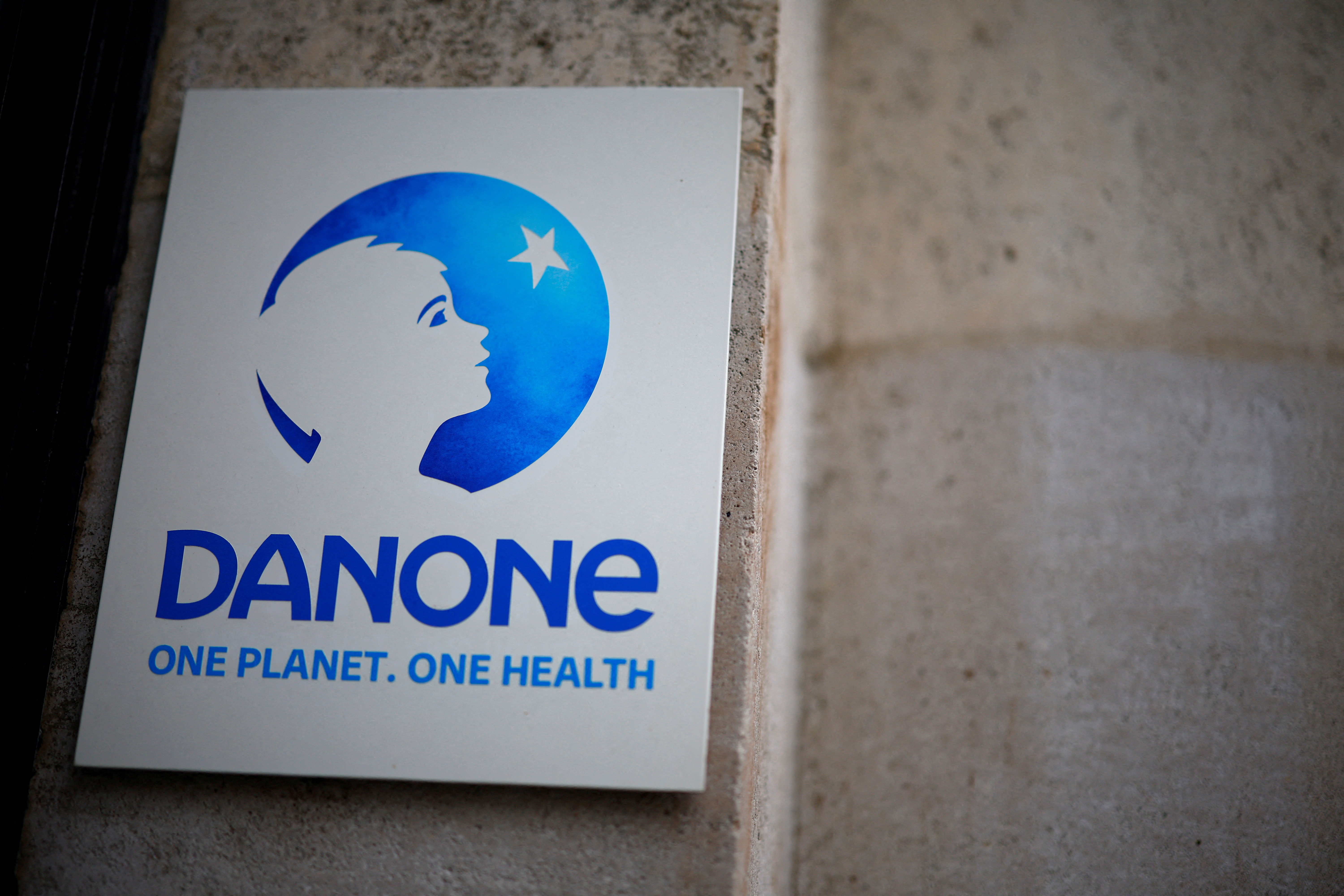 Logo of French food group Danone at the company headquarters in Paris