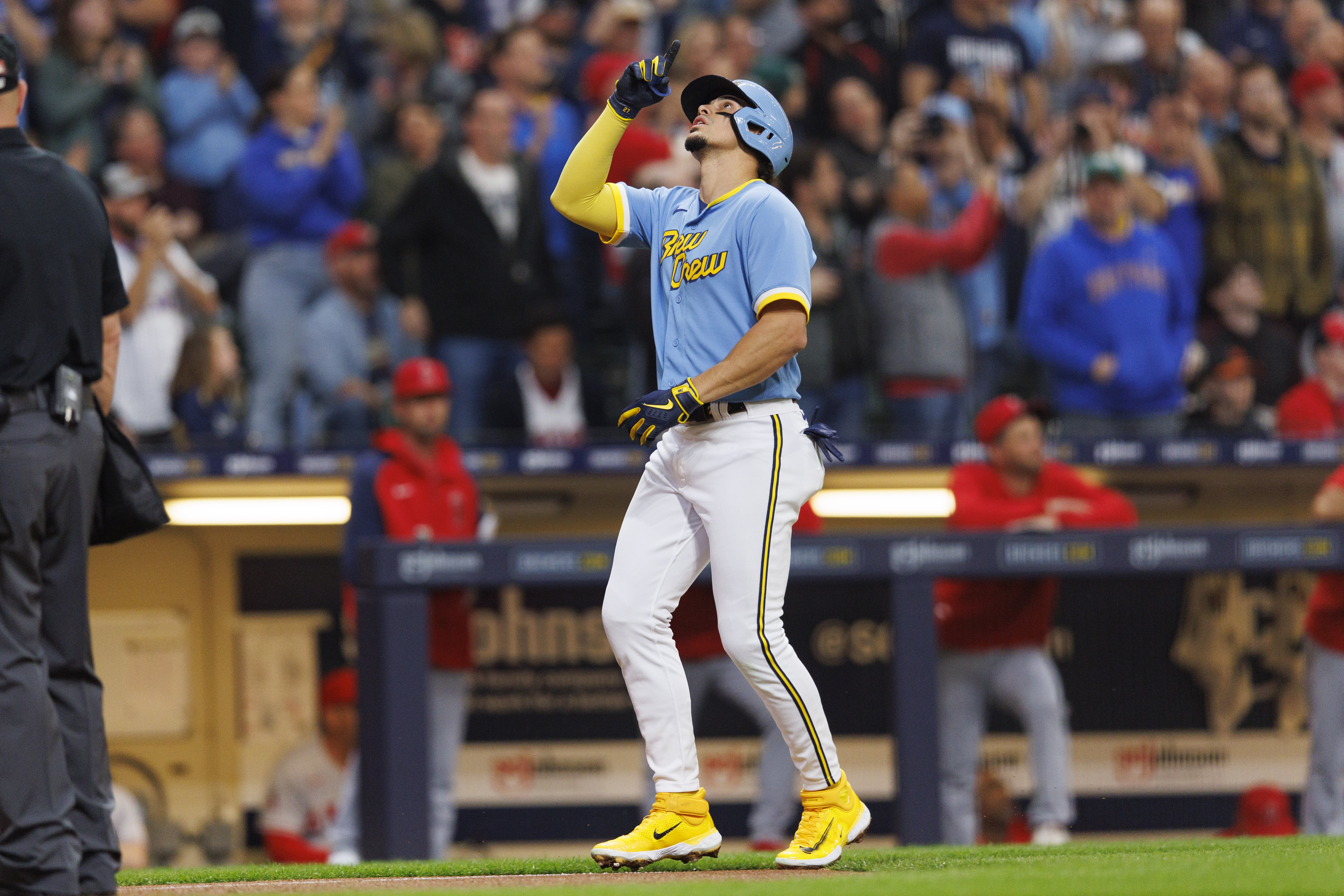 MILWAUKEE, WI - APRIL 30: Los Angeles Angels center fielder Mike Trout (27)  bats during an MLB game against the Milwaukee Brewers on April 30, 2023 at  American Family Field in Milwaukee