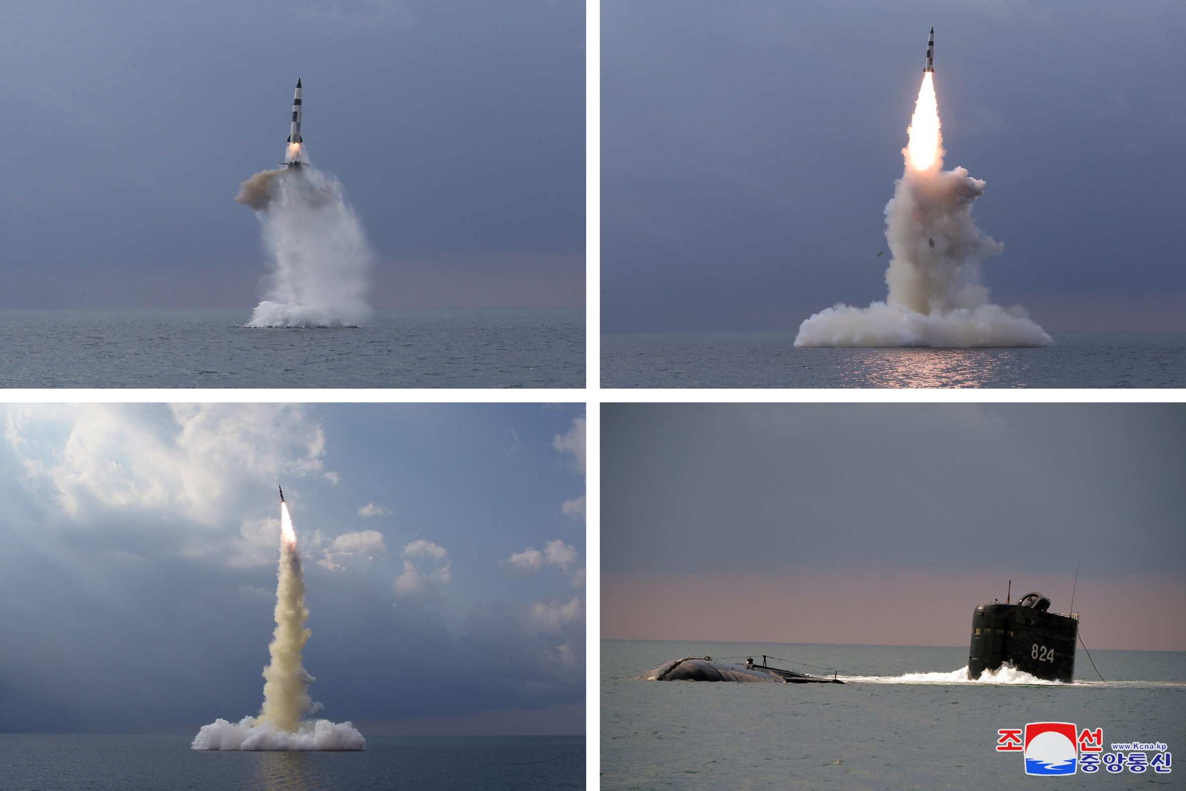 A combination of pictures shows a new submarine-launched ballistic missile during a test