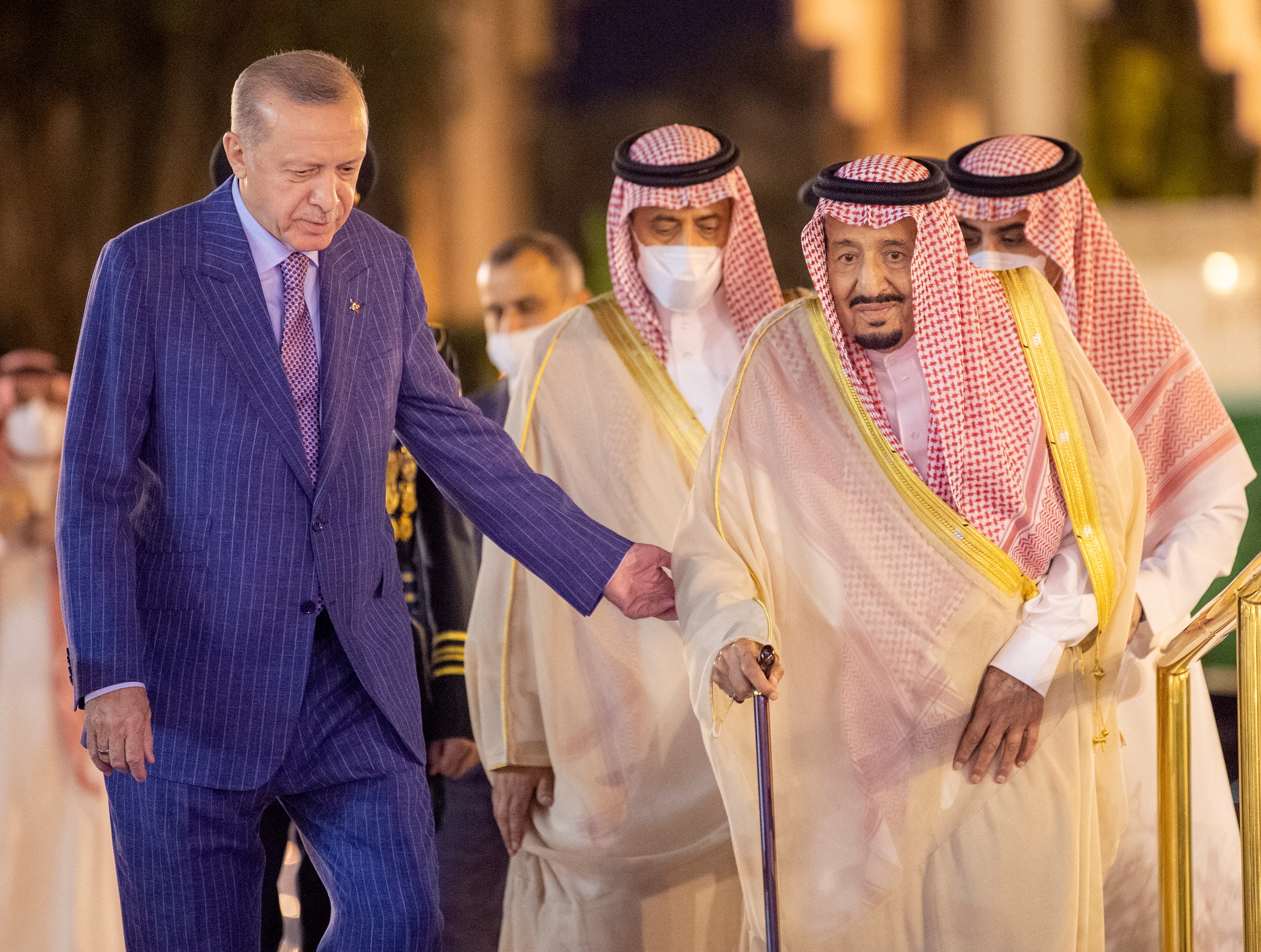 King of Saudi Arabia Salman bin Abdulaziz Al Saud meets Turkish President Recep Tayyip Erdogan upon his arrival in Jeddah, Saudi Arabian