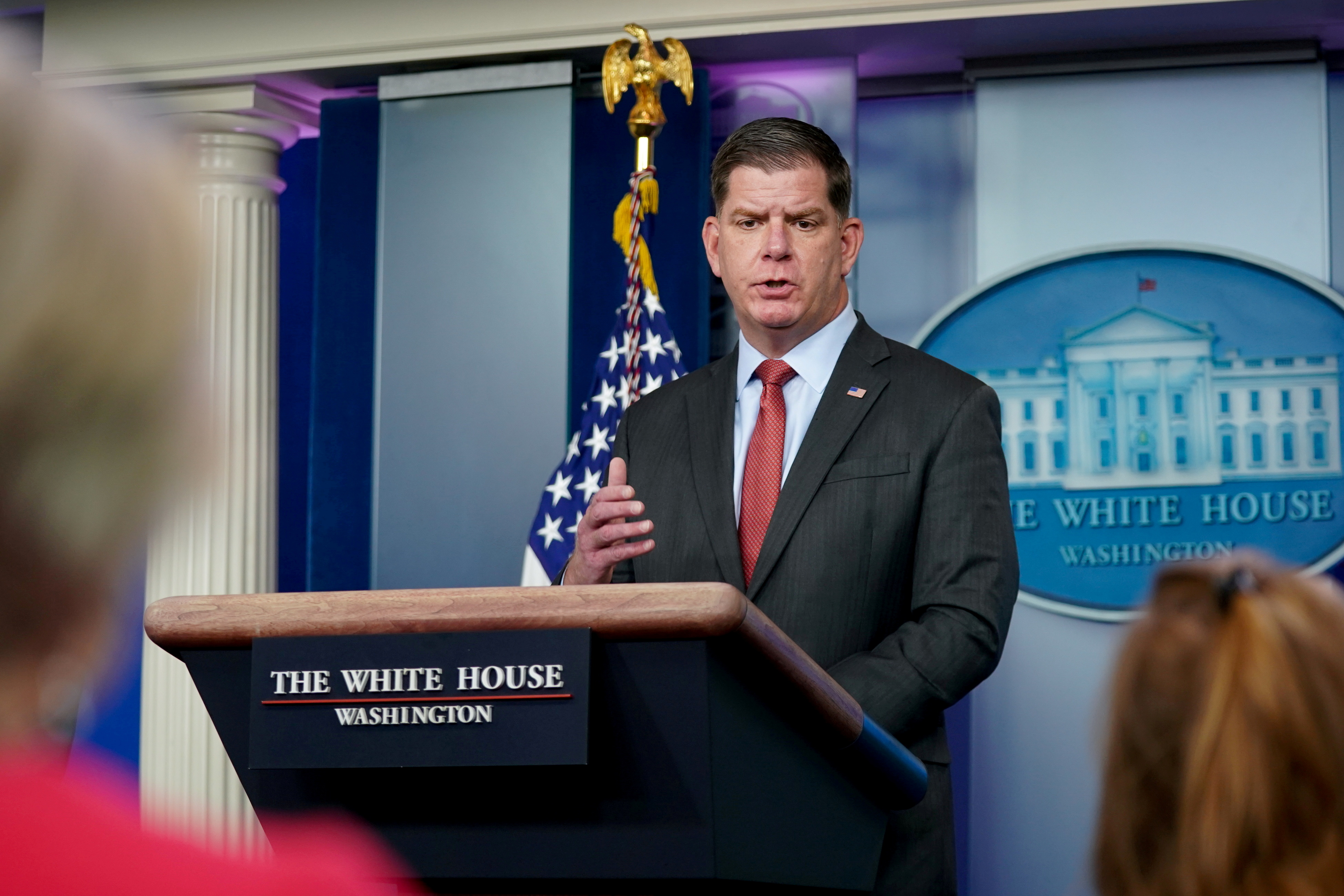 U.S. Secretary of Labor Marty Walsh speaks during a news conference at the White House in Washington