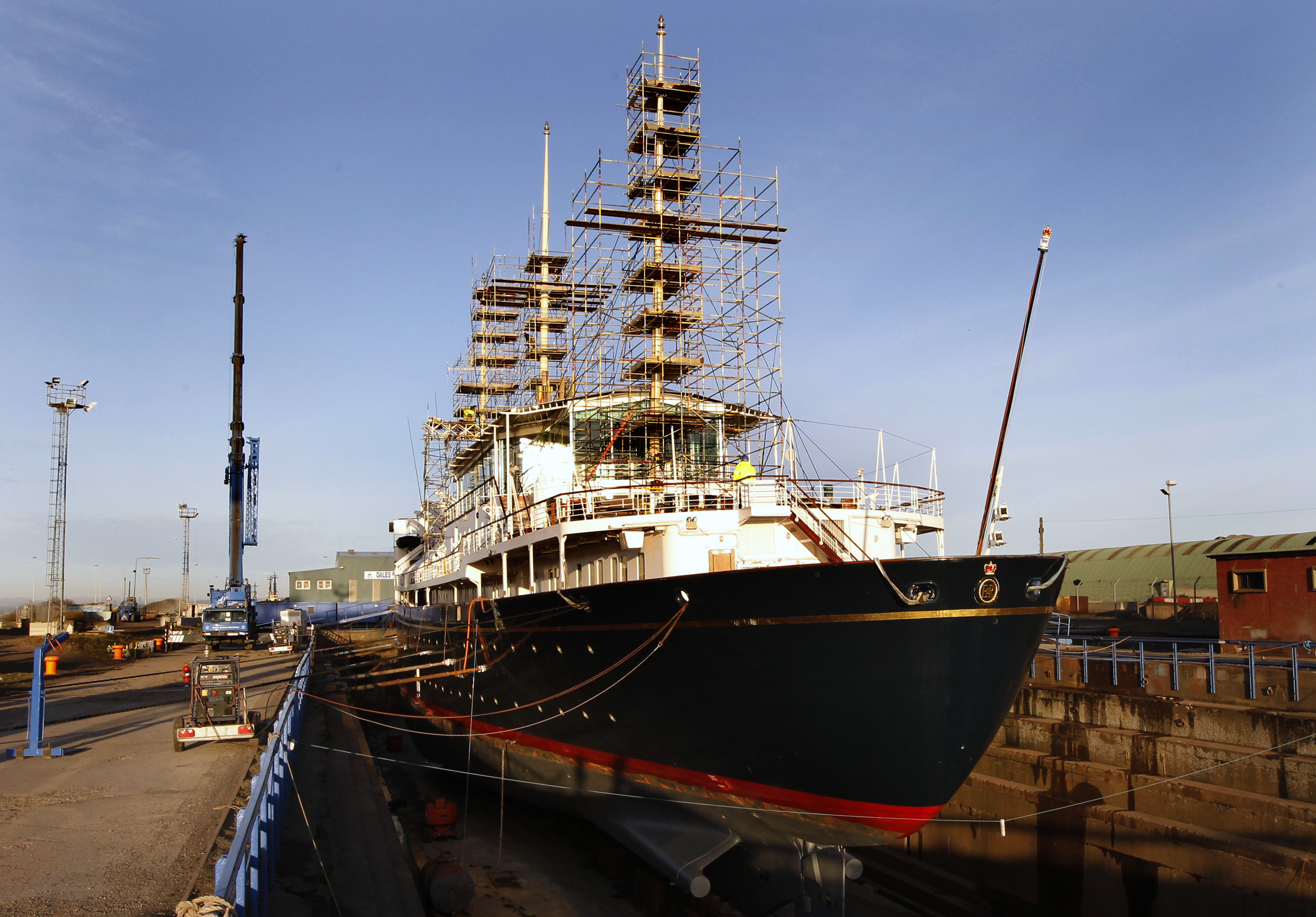 The Royal Yacht Britannia is seen as it sits in a dry dock at Forth Ports in Edinburgh
