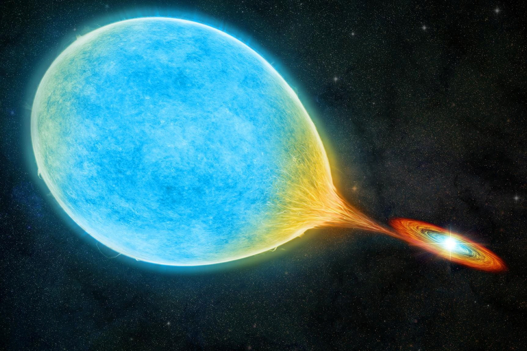 An artist's illustration shows a white dwarf and larger, sun-like star forming a “cataclysmic” binary system