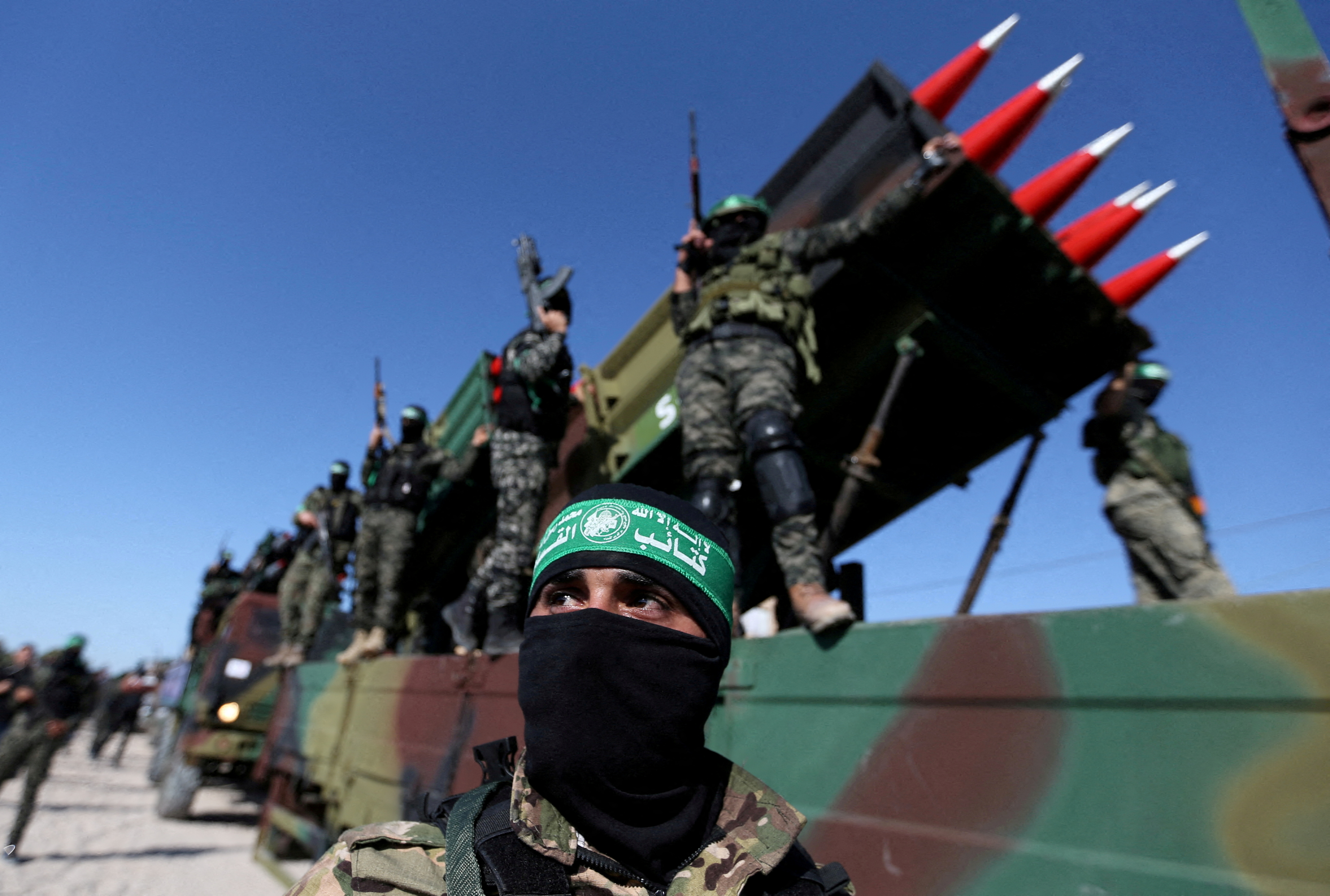 Hamas militants participate in anti-Israel rally in Khan Younis