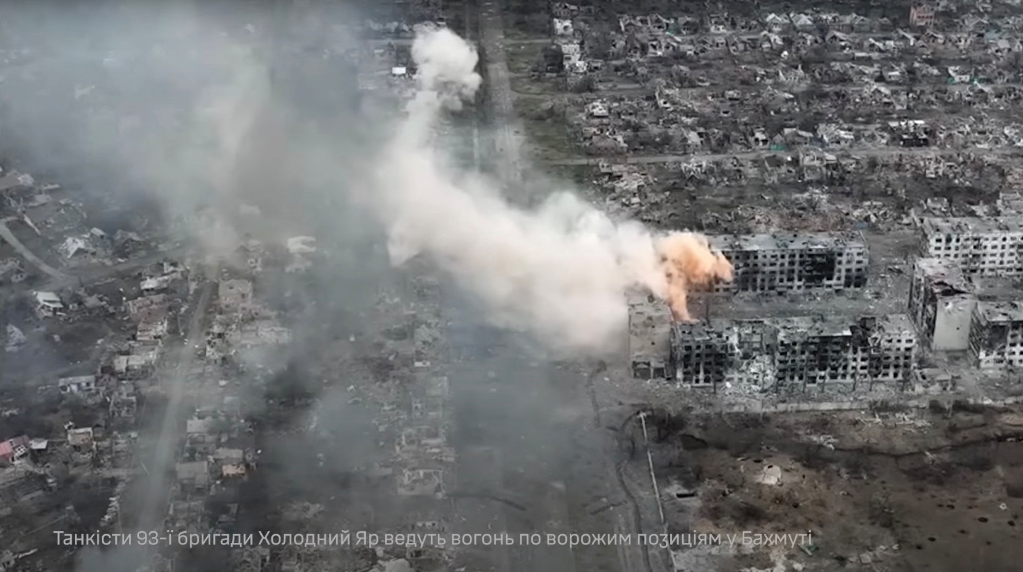 An aerial view shows smoke rising in the front line town of Bakhmut
