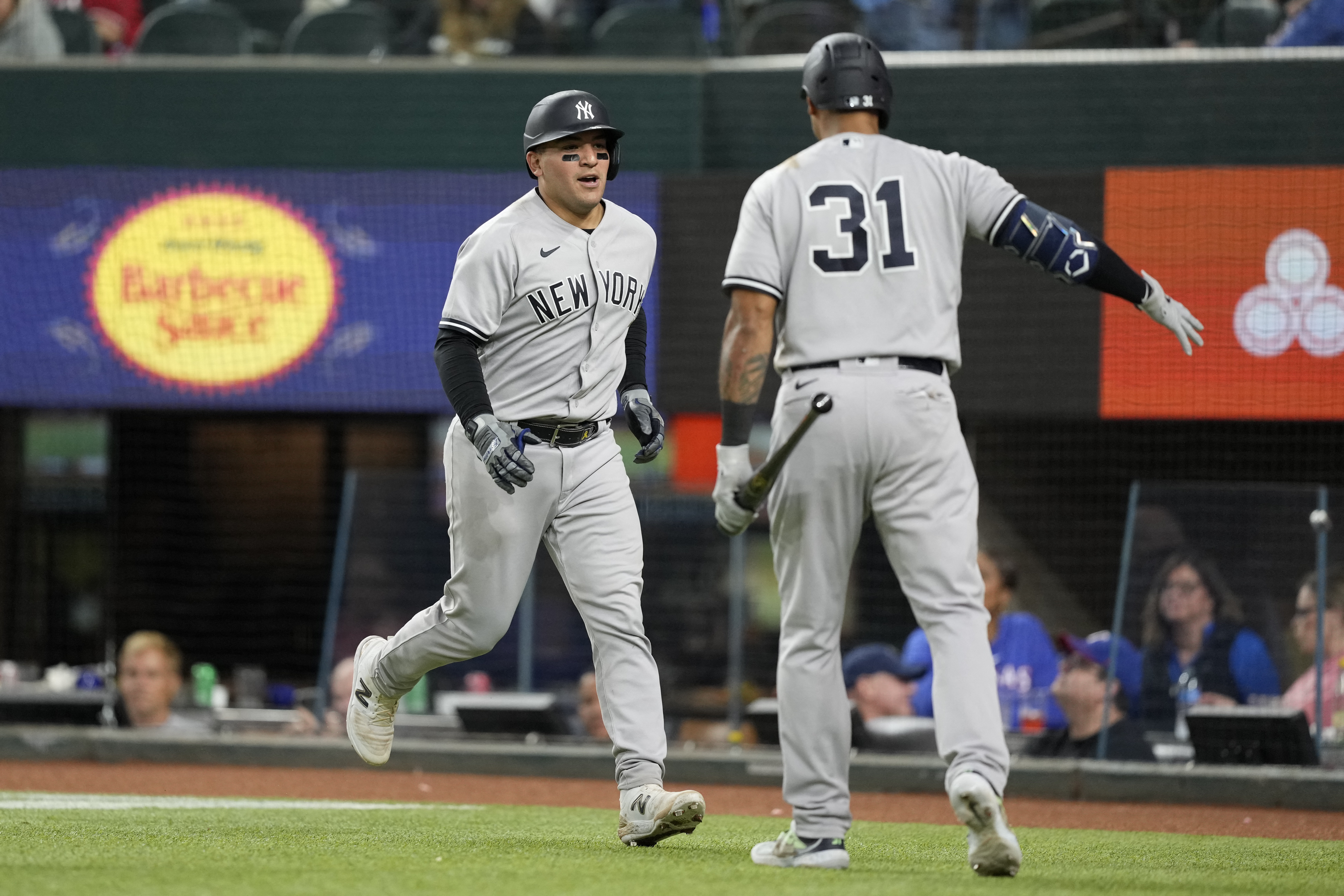 New York Yankees' Jose Trevino (39) drops his bat after hitting an RBI  single to score Oswaldo Cabrera during the fourth inning of a baseball game  against the Boston Red Sox, Sunday