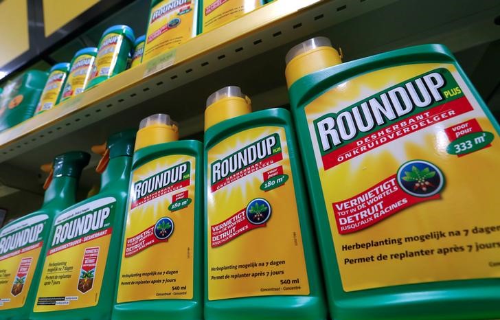 Monsanto's Roundup weedkiller atomizers are displayed for sale at a garden shop near Brussels