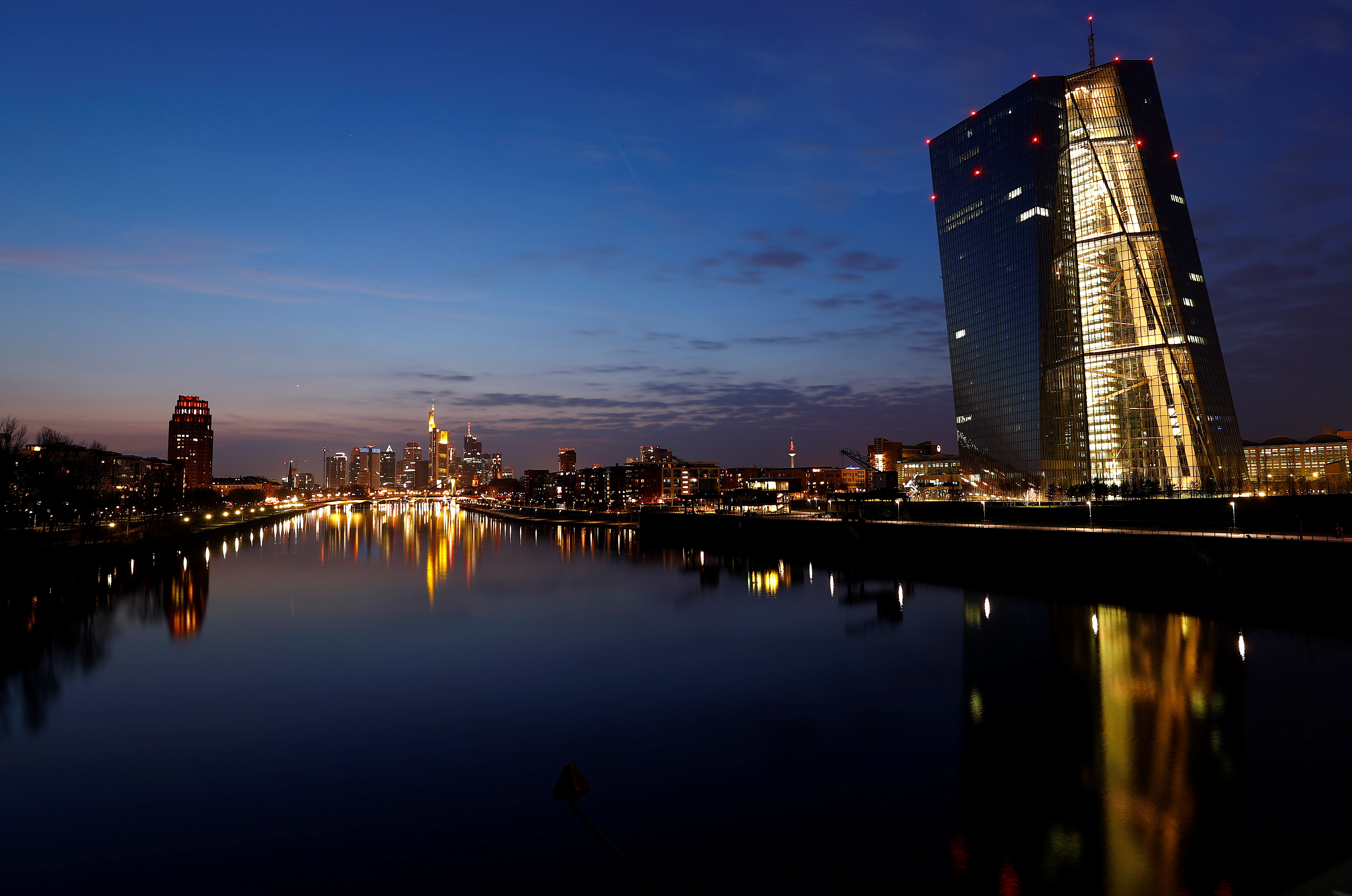 The headquarters of the European Central Bank and the Frankfurt skyline with its financial district are photographed on early evening in Frankfurt