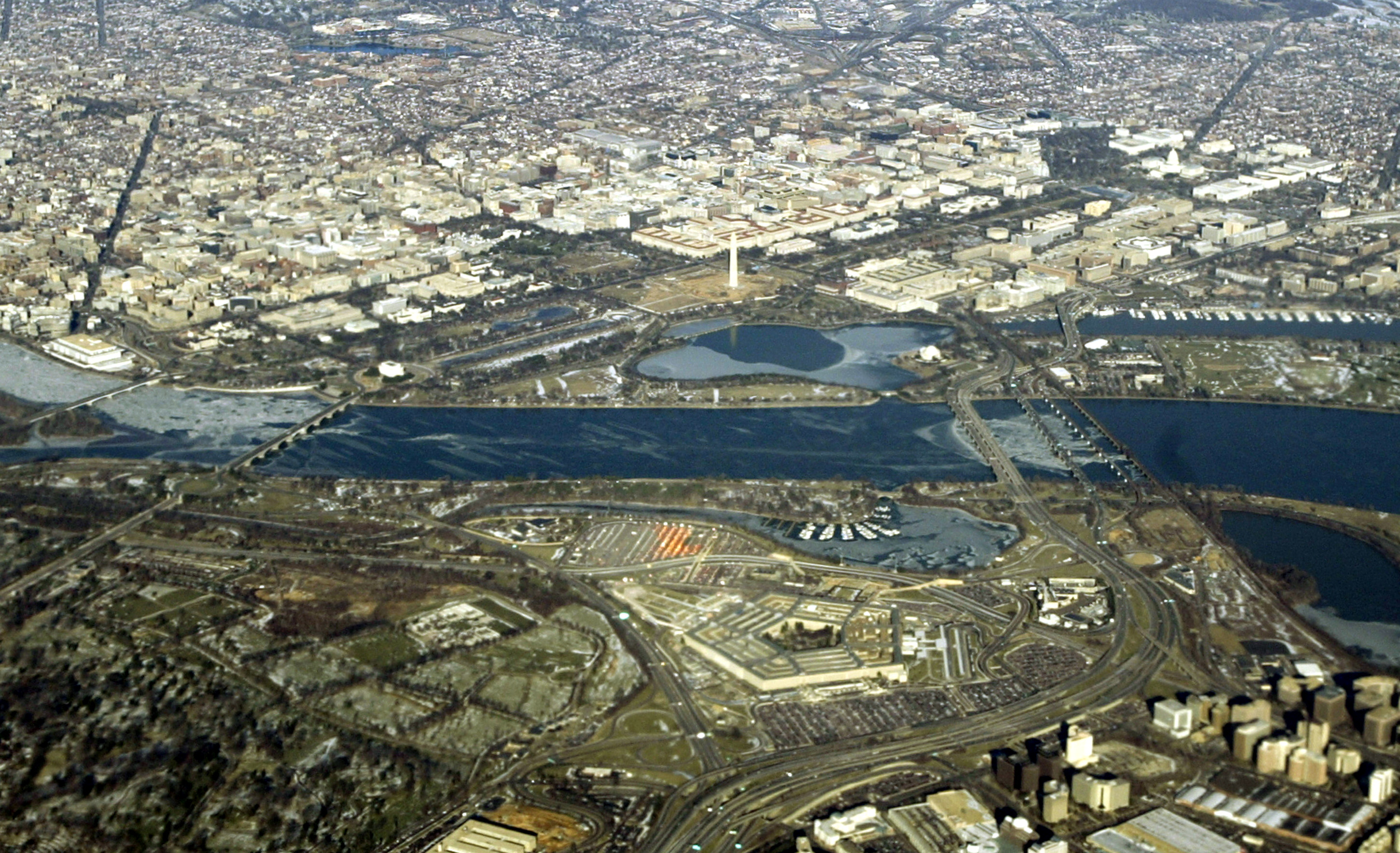 An aerial view of Washington DC, January 28, 2005, features the major landmarks of the US capital.