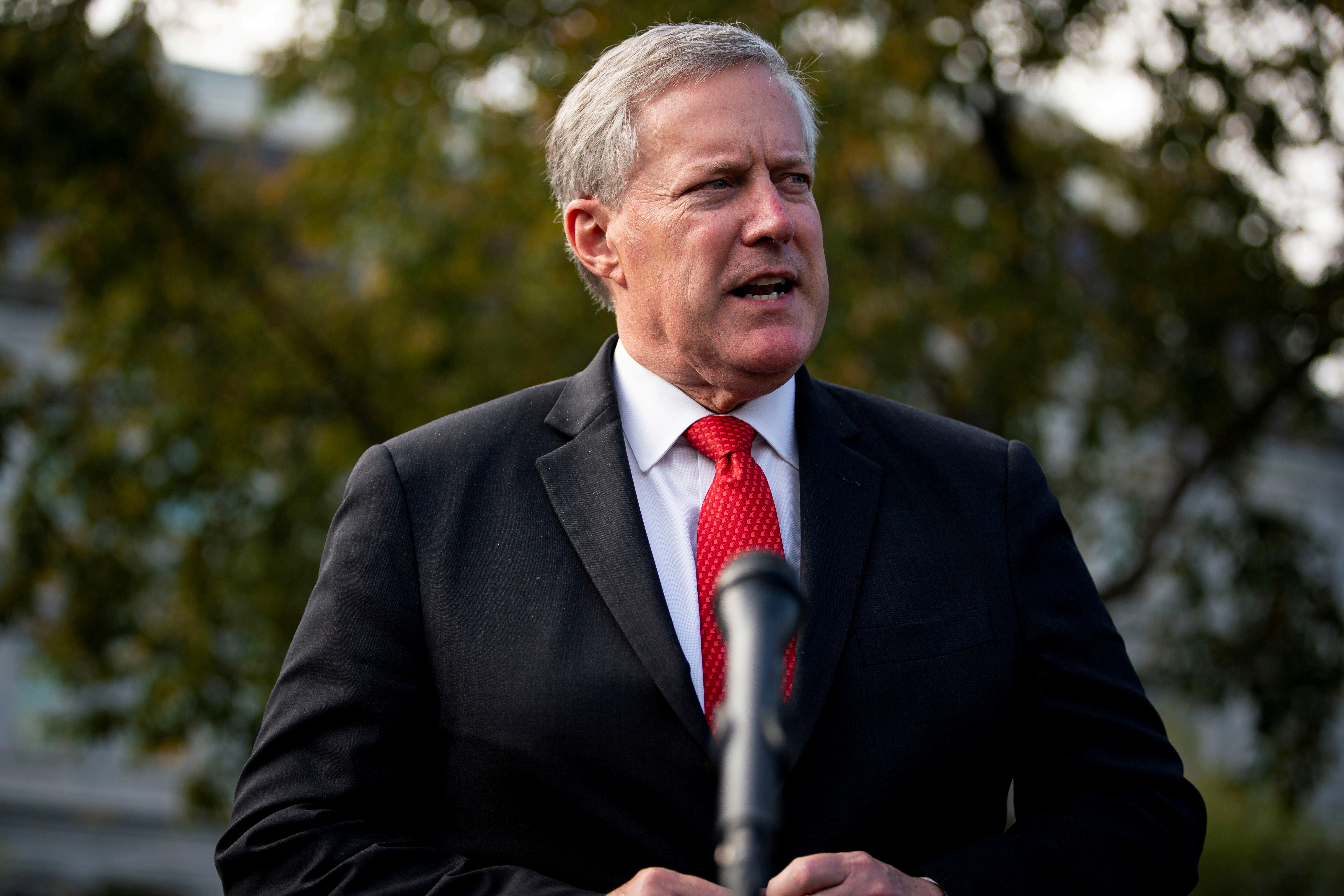 White House Chief of Staff Mark Meadows speaks to reporters following a television interview, outside the White House in Washington, U.S. October 21, 2020. REUTERS/Al Drago