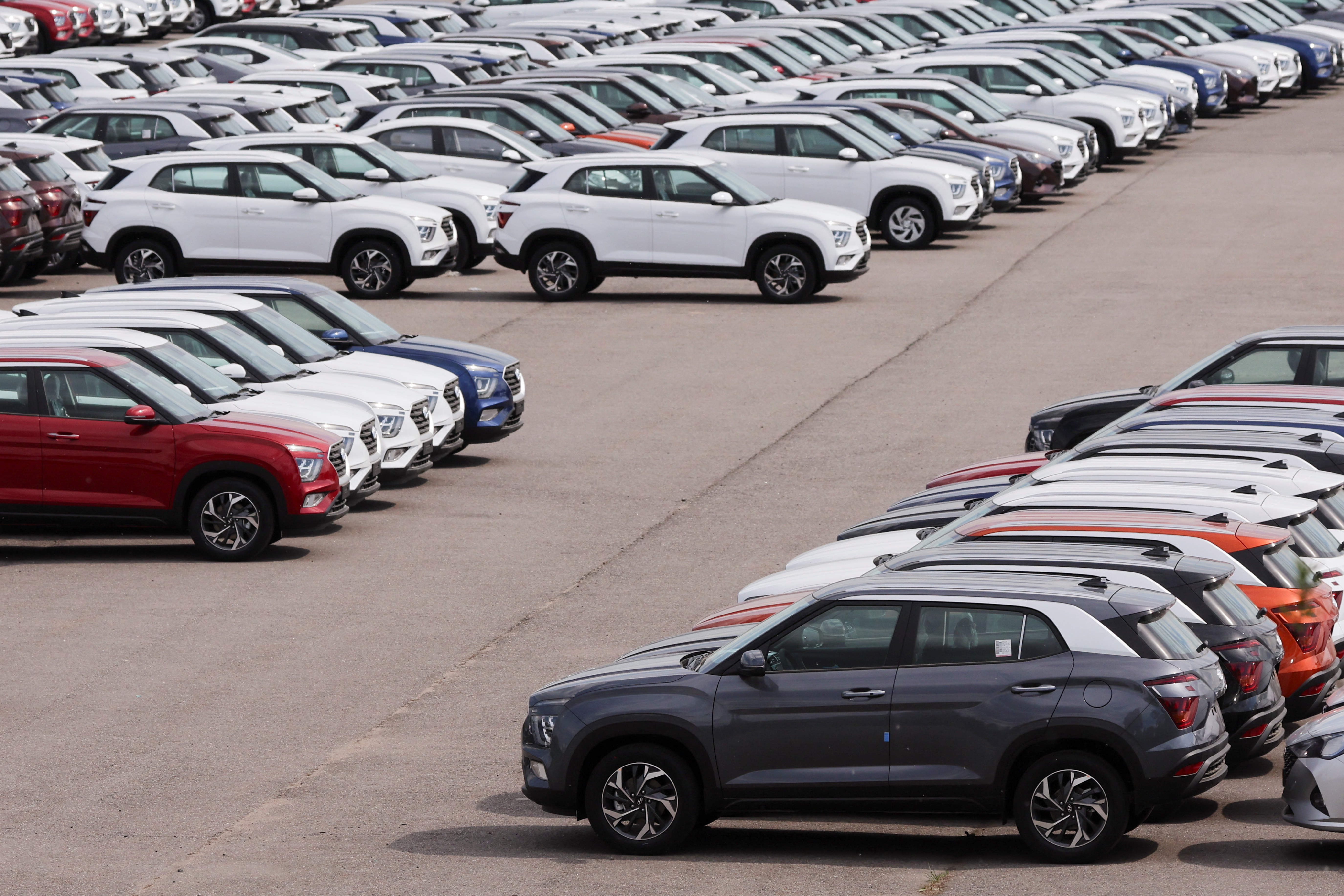 Hyundai cars are seen at a customs terminal on the outskirts of Saint Petersburg