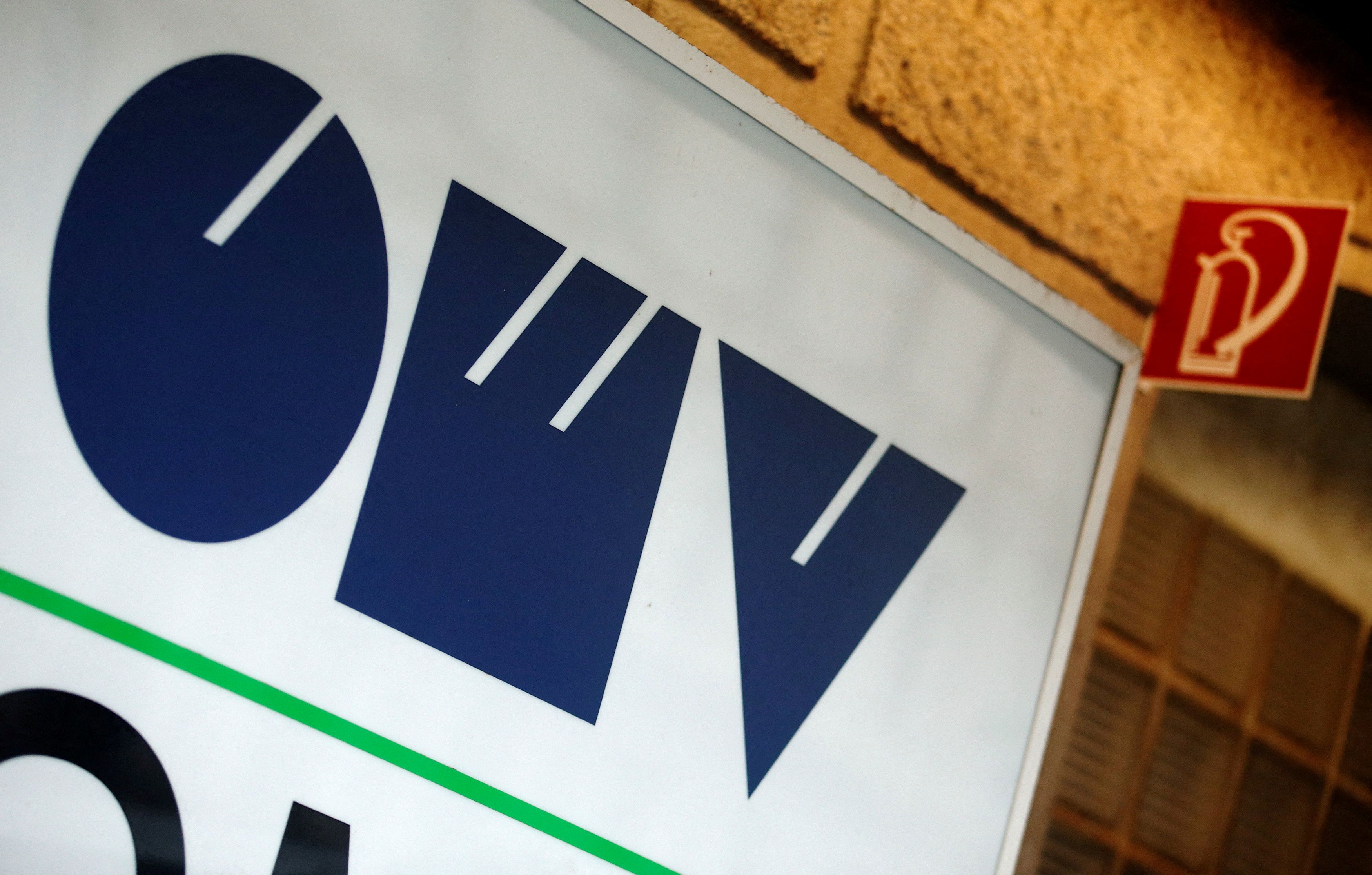 The logo of Austrian oil and gas group OMV is pictured at a gas station in Vienna, Austria