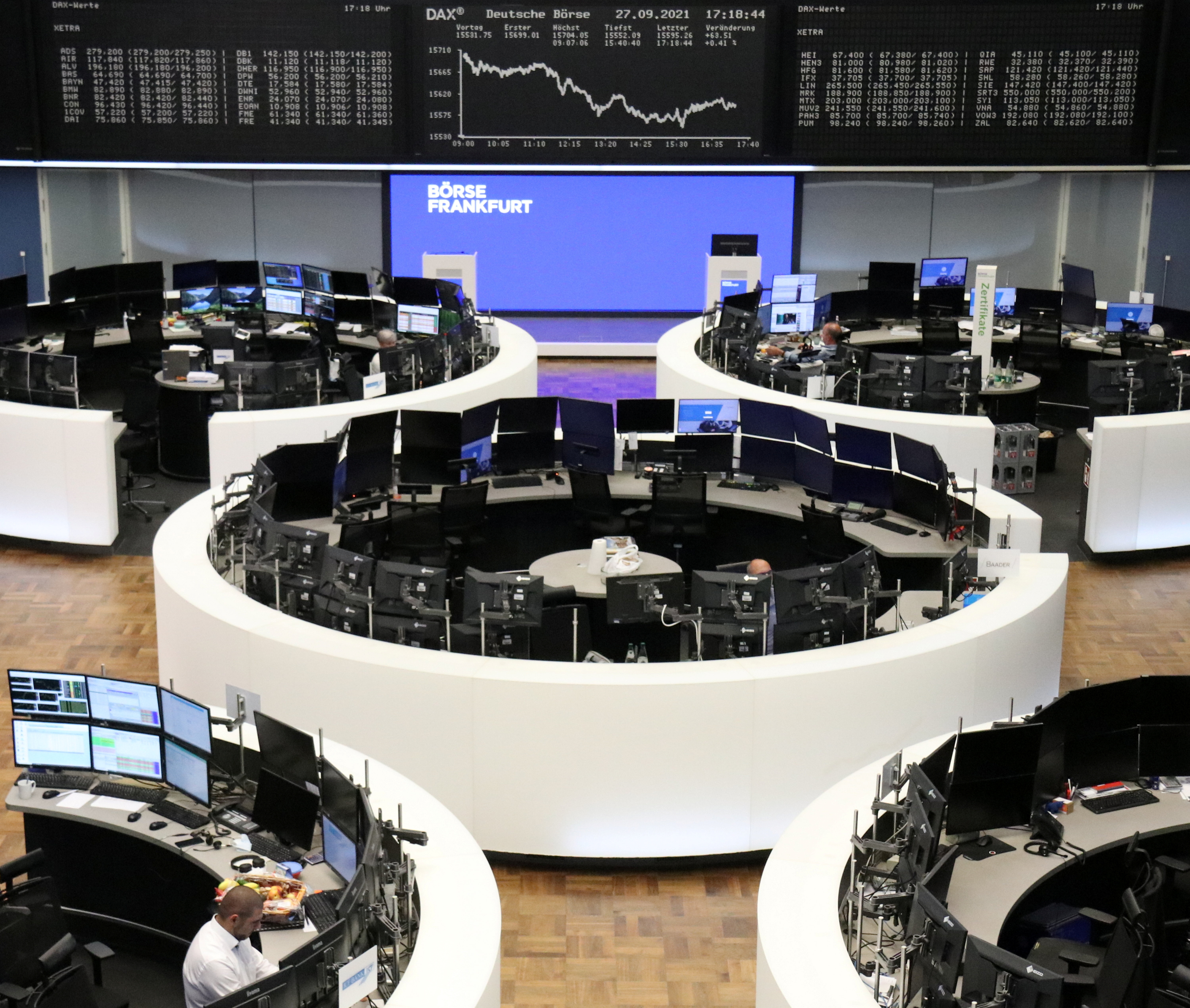 The German share price index DAX graph is pictured at the stock exchange in Frankfurt, Germany, September 27, 2021. REUTERS/Staff