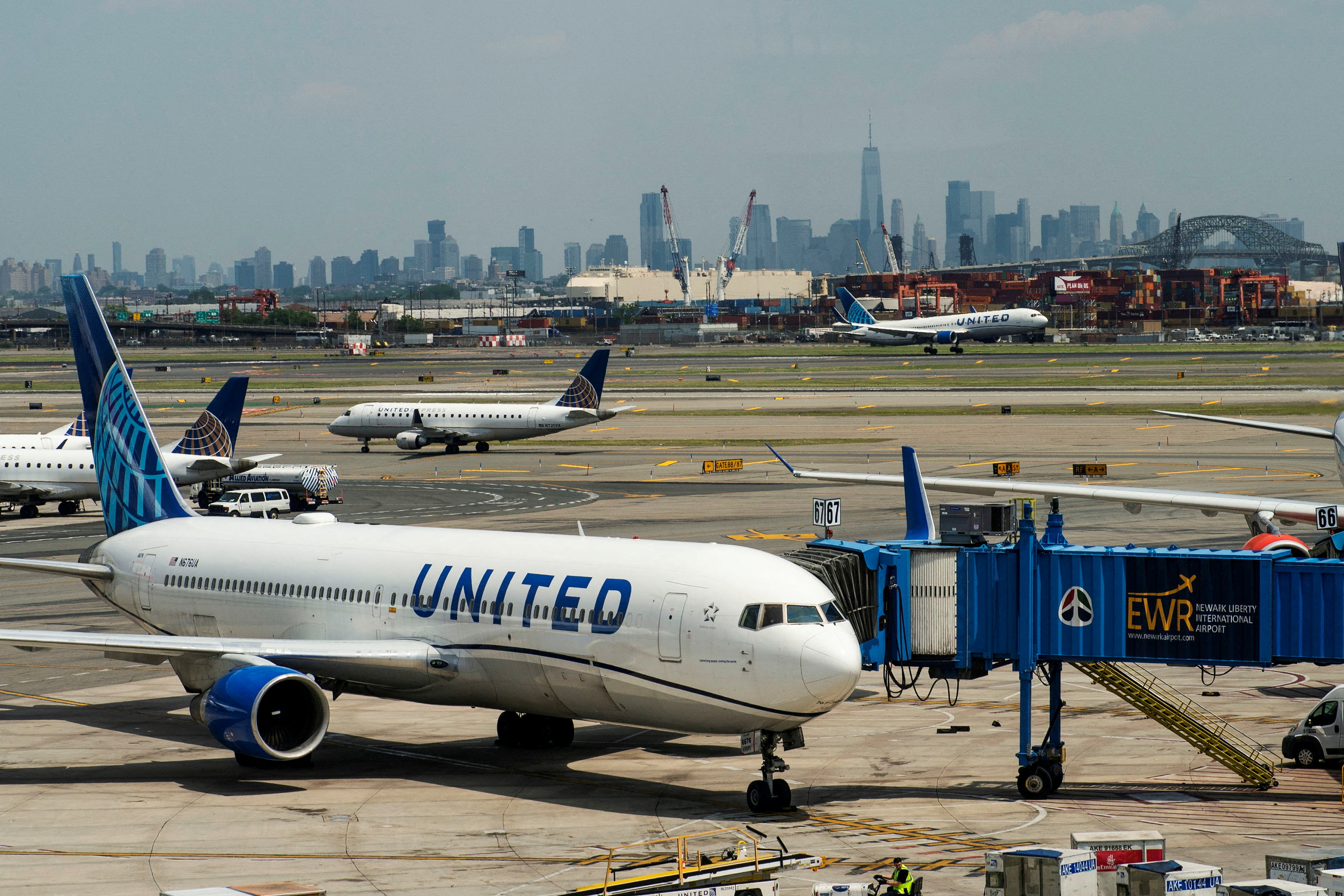 Pilots from United Airlines take part in an informational picket at Newark Liberty International Airport in Newark