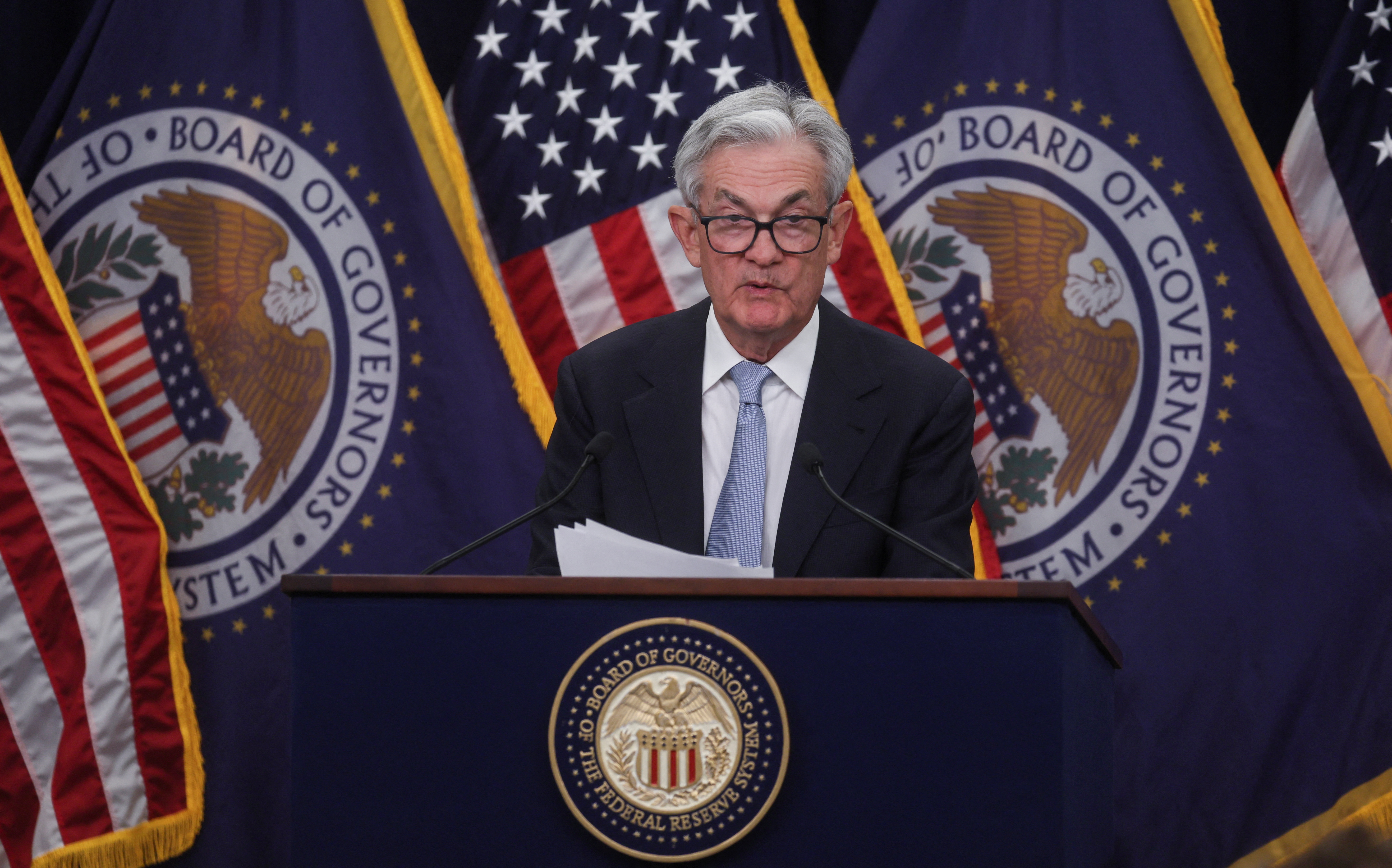 Fed Chair Powell holds news conference after the release of U.S. Fed interest rate policy decision in Washington