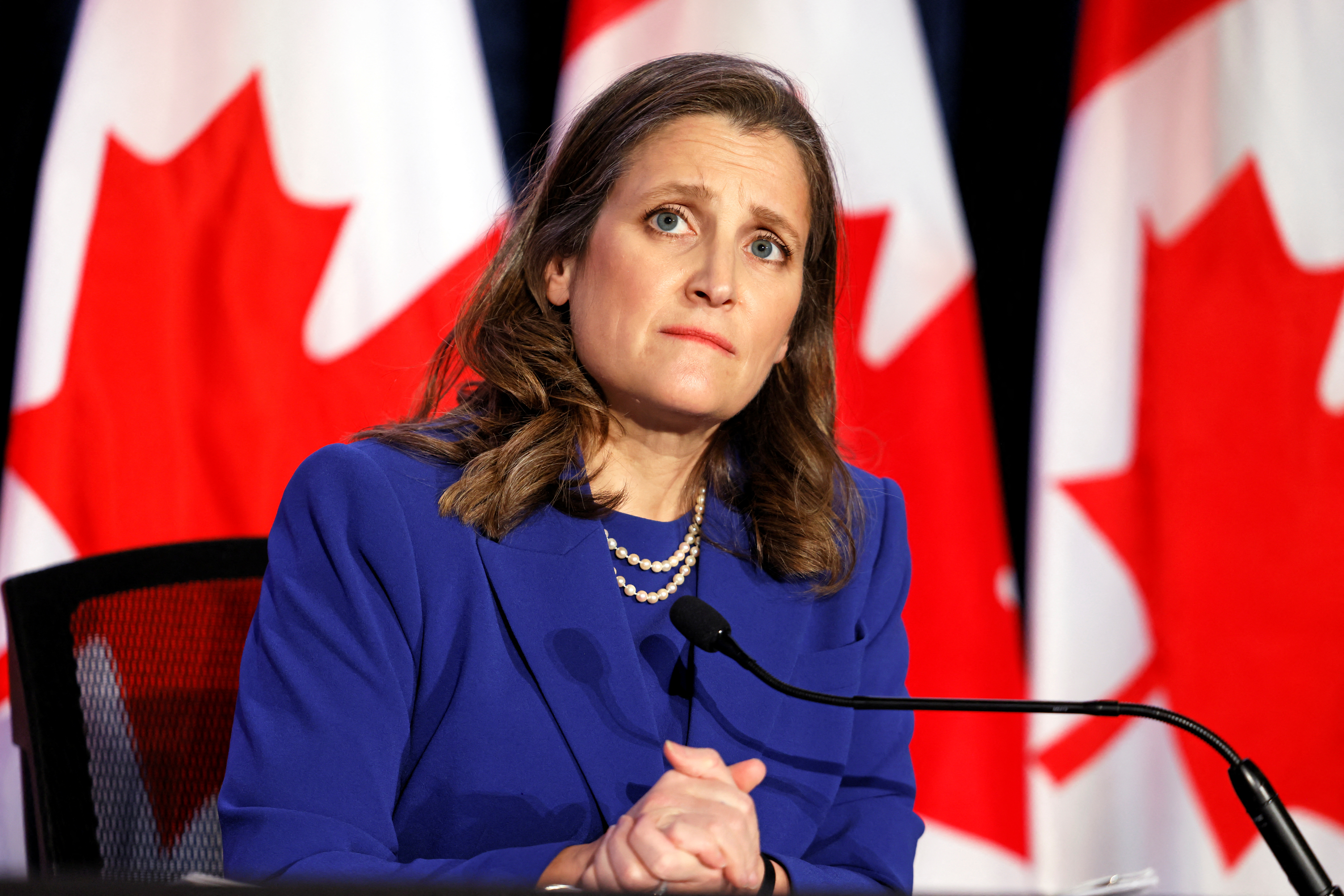 Canada's Finance Minister Chrystia Freeland holds a news conference before delivering the 2022-23 budget, in Ottawa