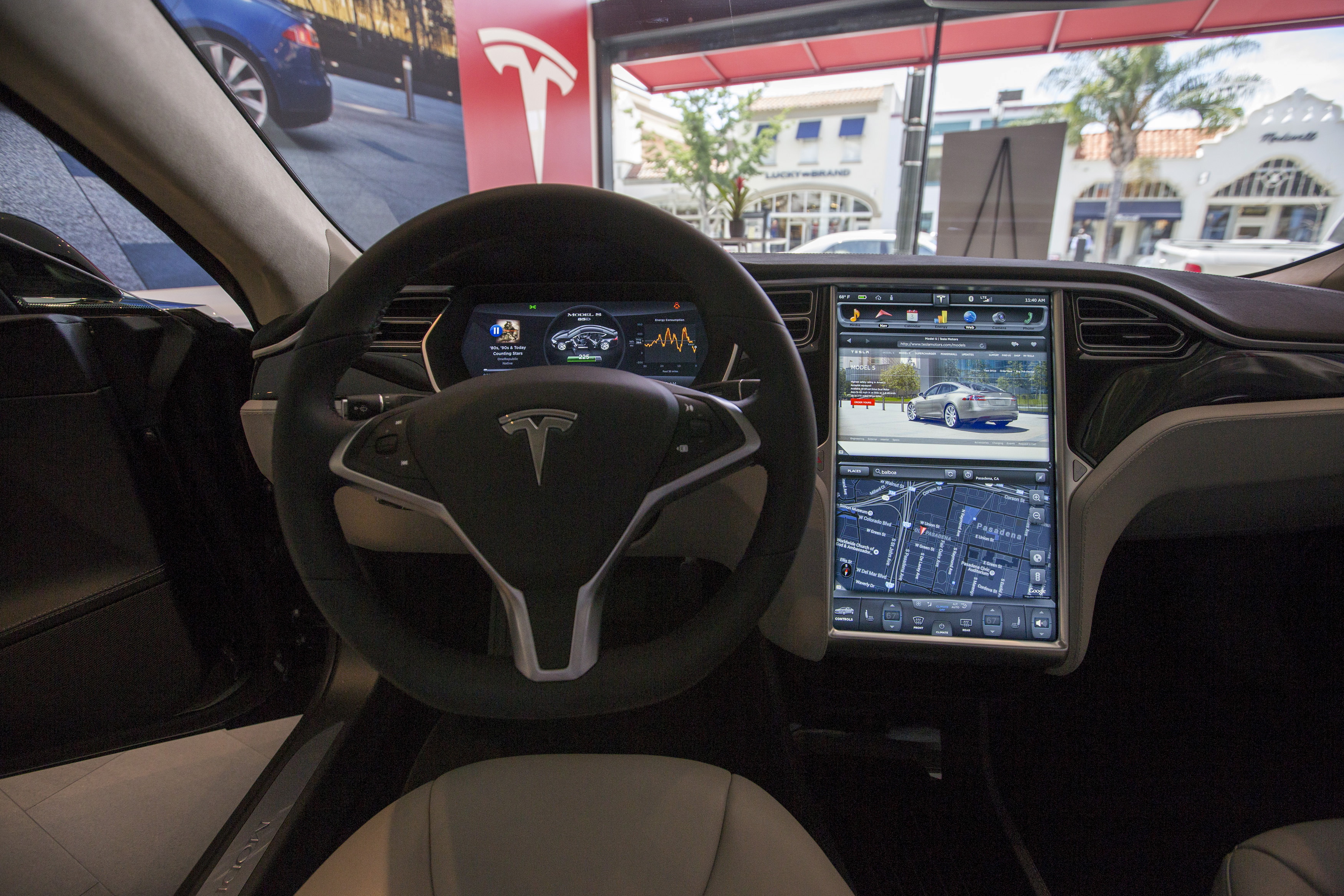 A view of the controls of a Tesla 85D on display at a Tesla showroom in Pasadena