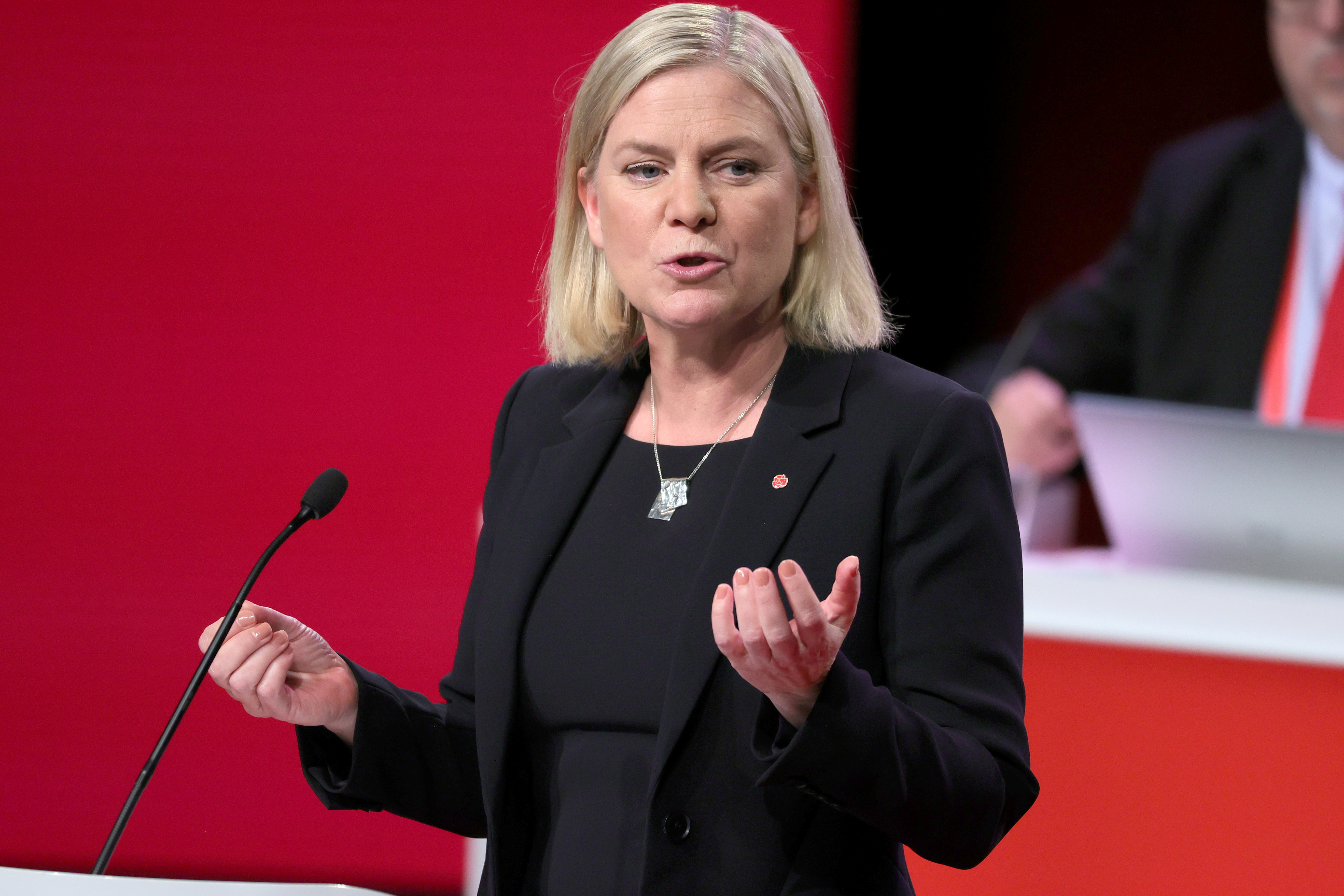 Sweden's Minister of Finance Magdalena Andersson delivers a speech after being elected as party leader of the Social Democratic Party at the party's congress in Gothenburg