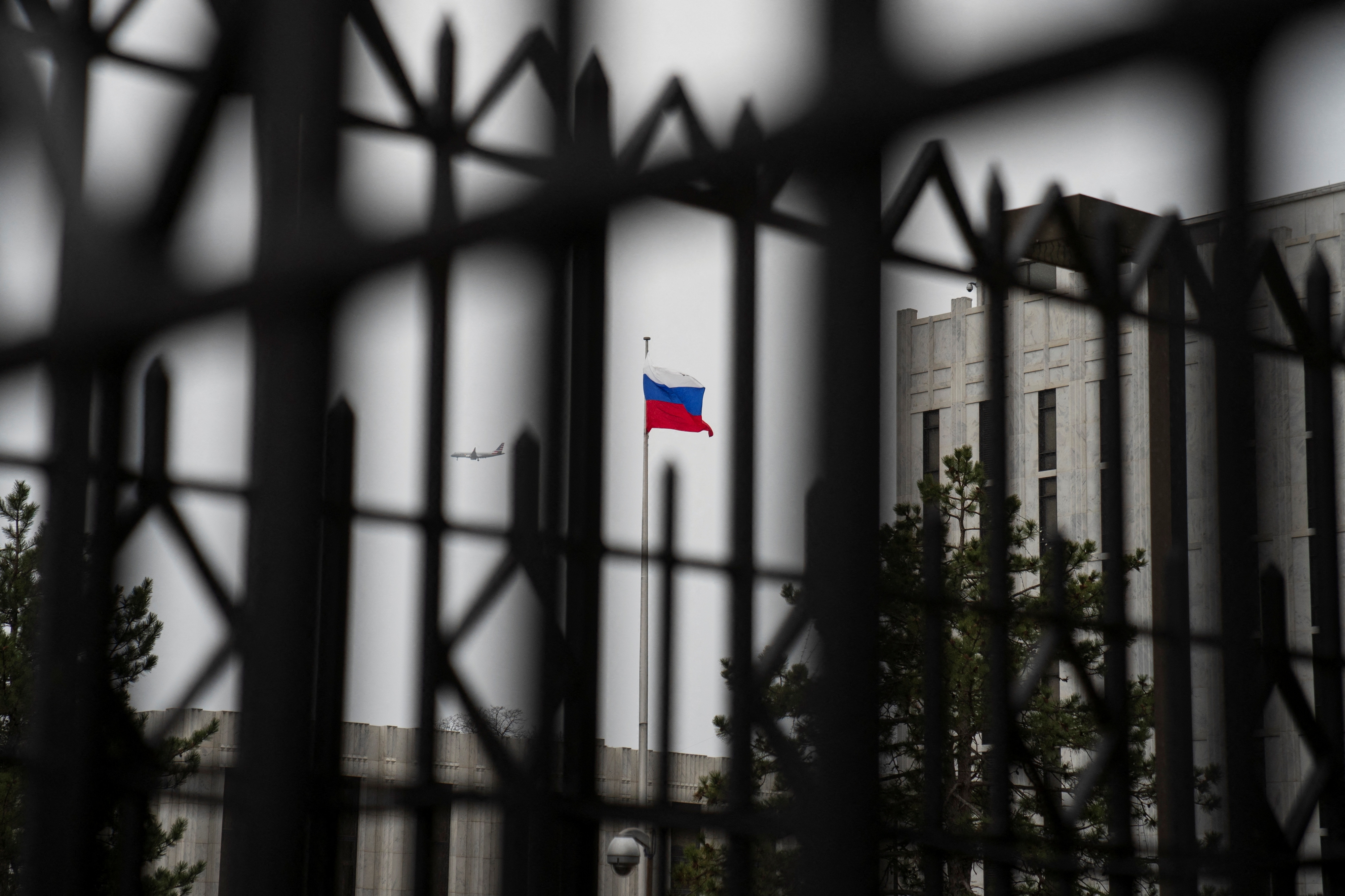 The Russian Embassy, as President Biden announces new sanctions on Russia, in Washington