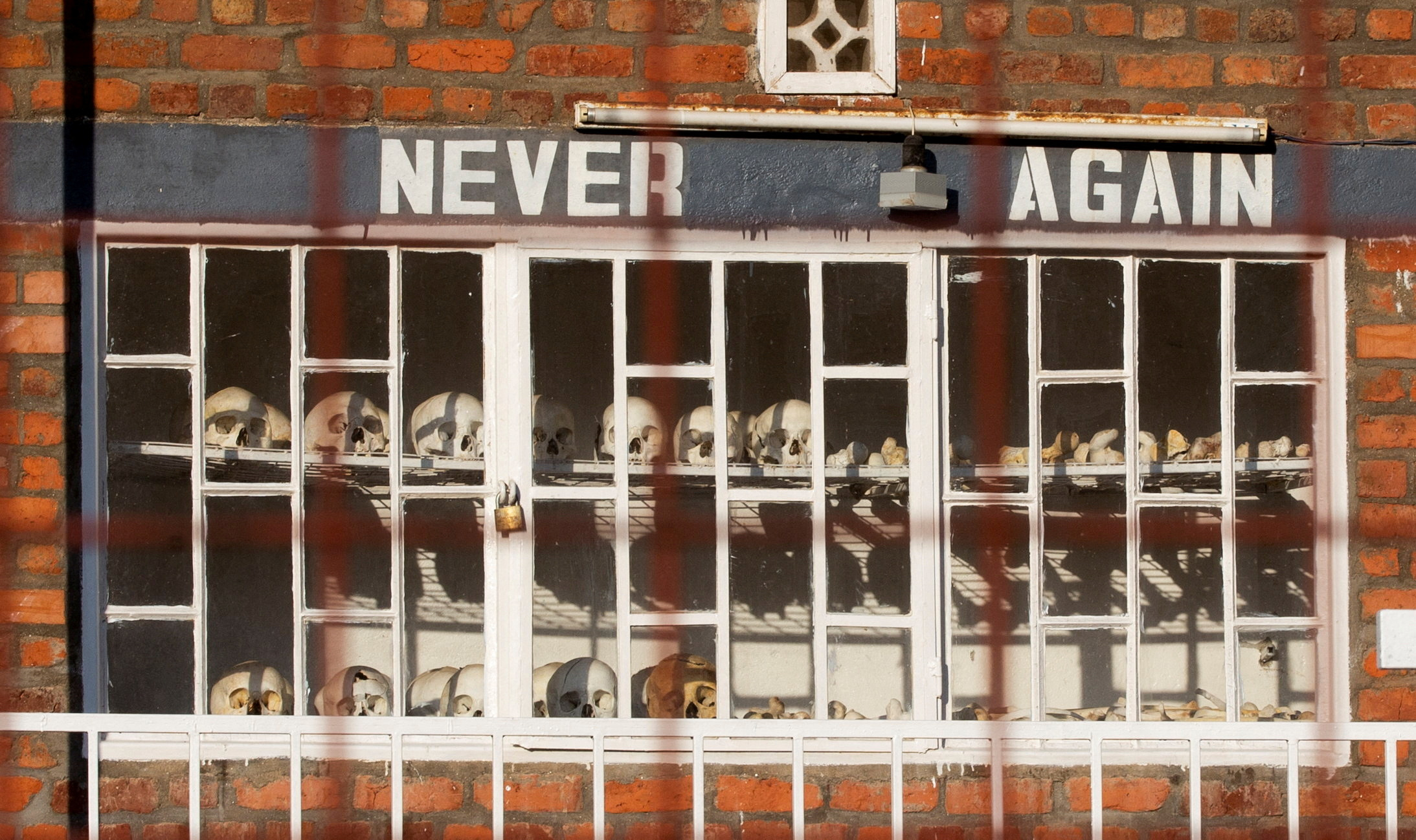 Skulls of people who died during the 1994 Rwandan genocide are arranged and locked outside the St. Pierre Catholic Church, in Kibuye, Karongo city center, Karongi distric