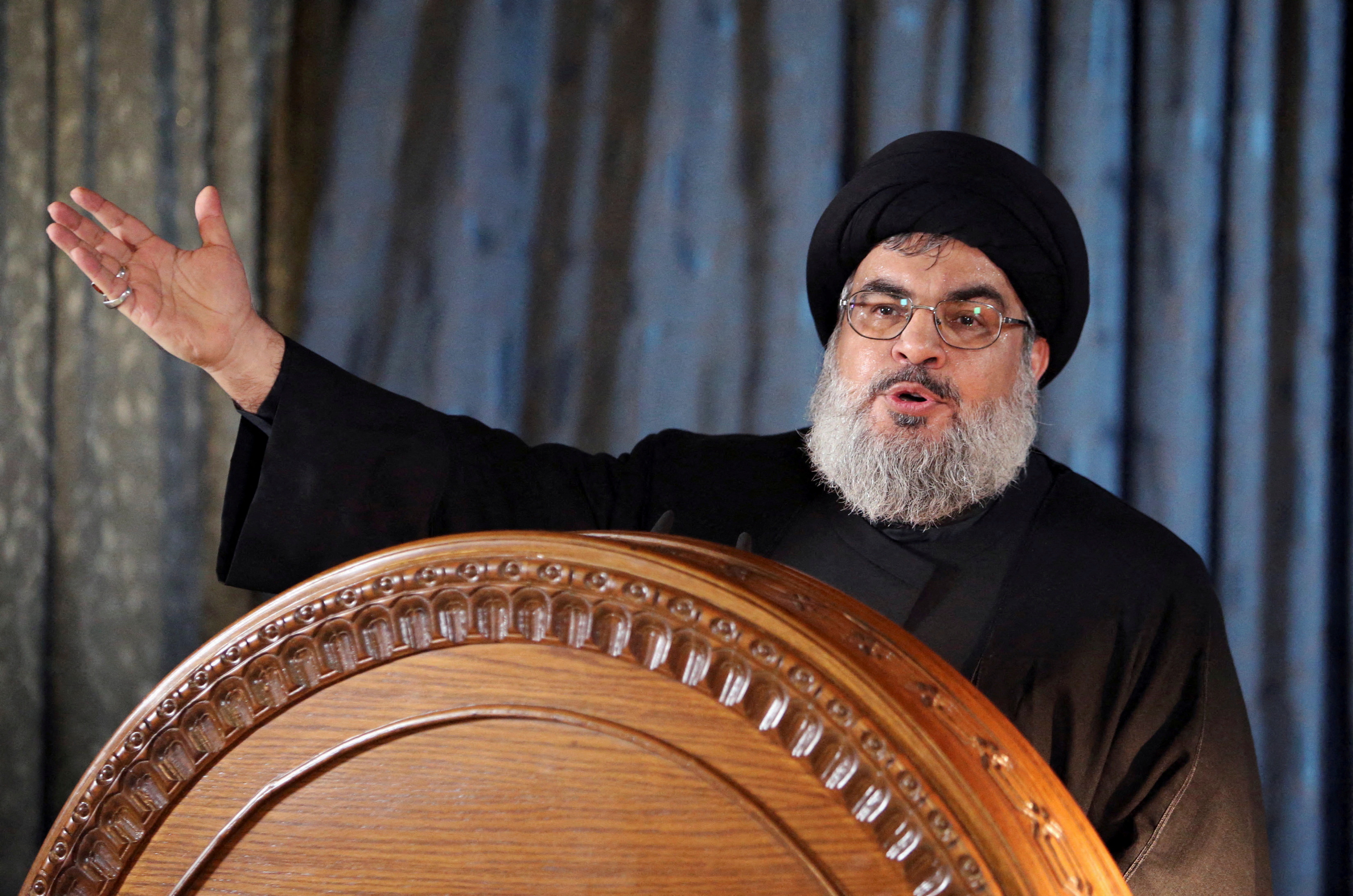 Lebanon's Hezbollah leader Hassan Nasrallah addresses supporters during a religious ceremony in Beirut