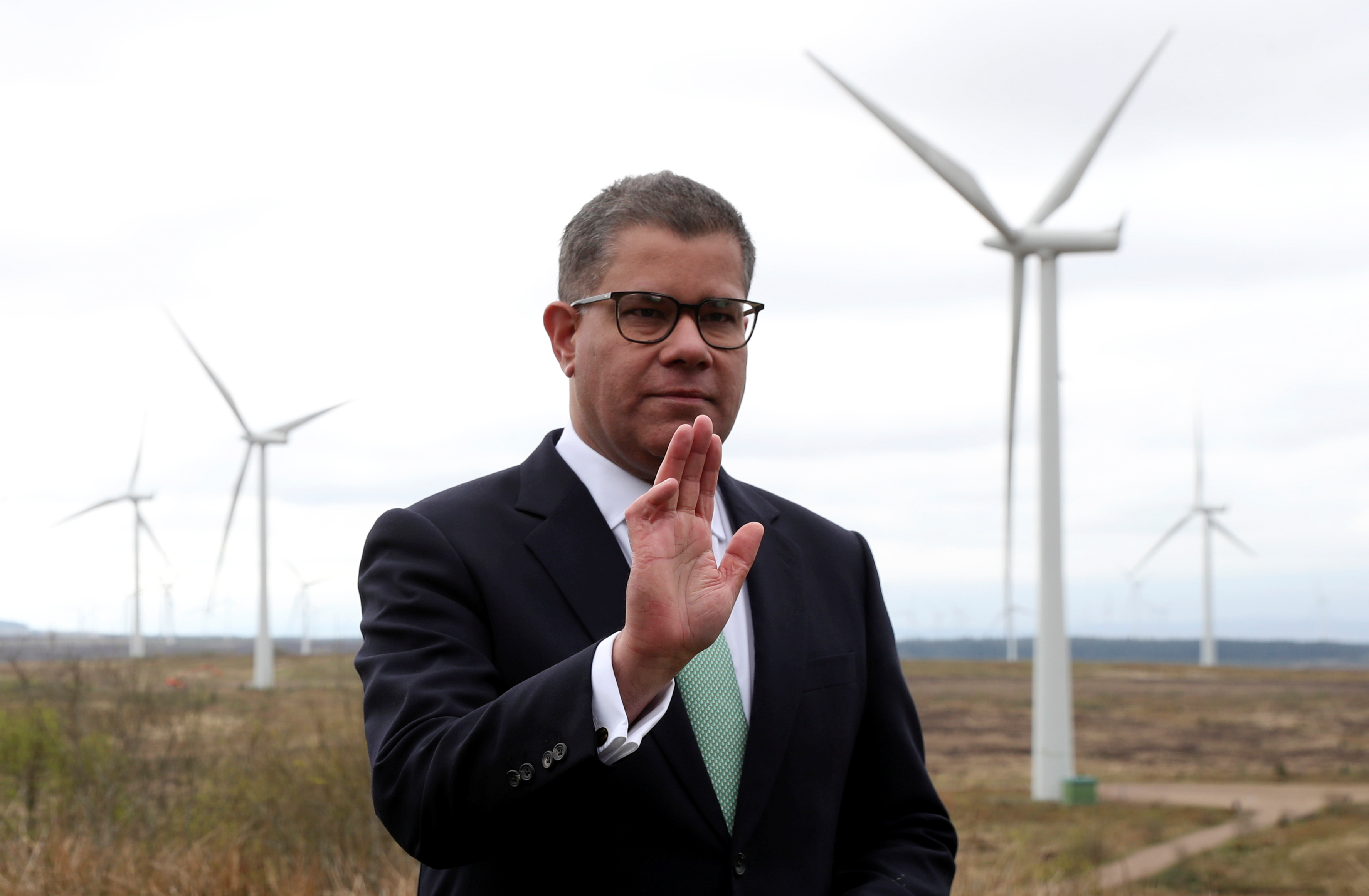 COP26 President Alok Sharma rehearses a speech at Whitelee Windfarm, with six months to go until the U.N. Climate Change Conference, just outside Glasgow, Scotland, Britain, May 14, 2021. REUTERS/Russell Cheyne/Pool