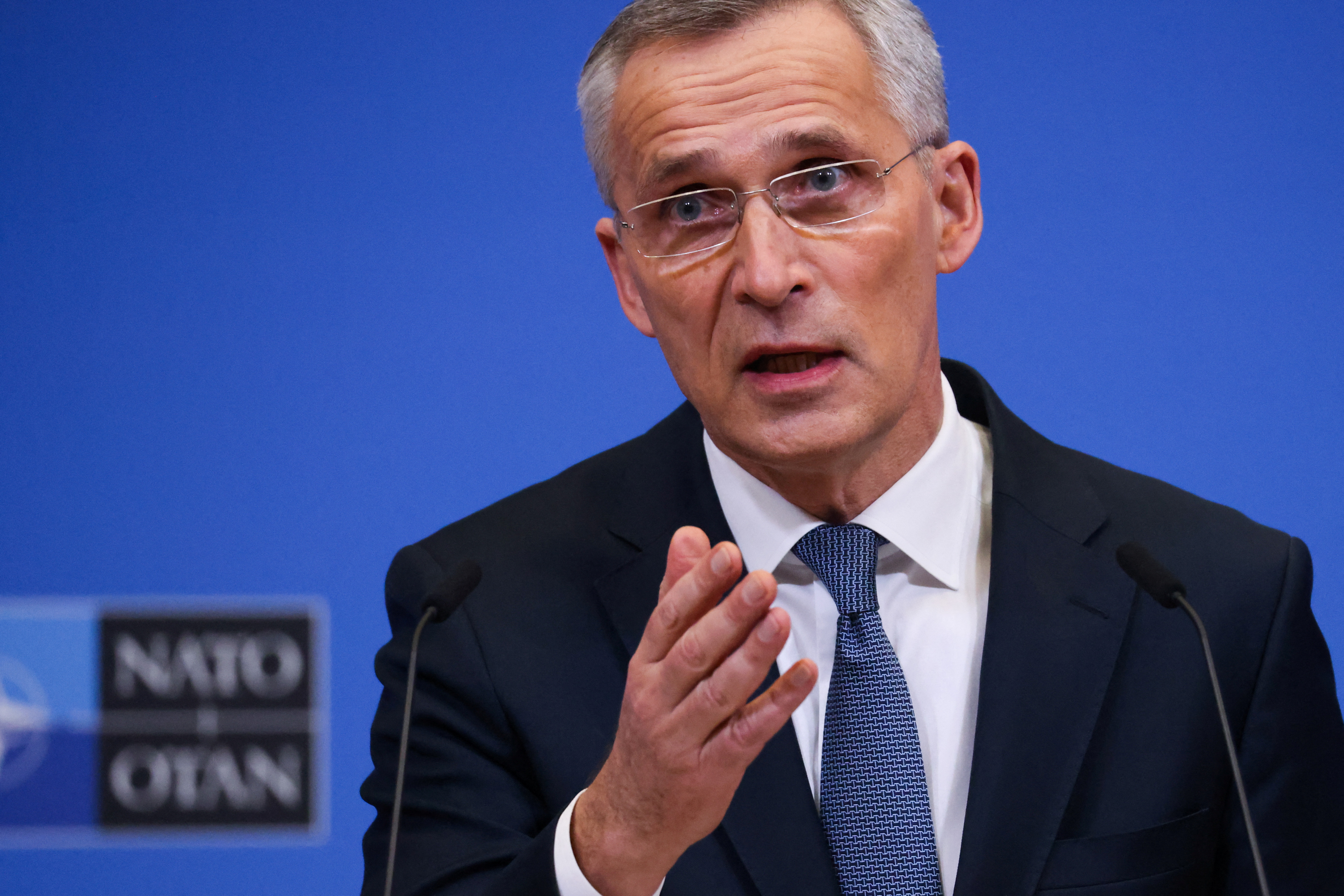 NATO Secretary-General Jens Stoltenberg speaks at a news conference following a NATO leaders virtual summit, after Russia launched a massive military operation against Ukraine, in Brussels, Belgium February 25, 2022. REUTERS/Yves Herman