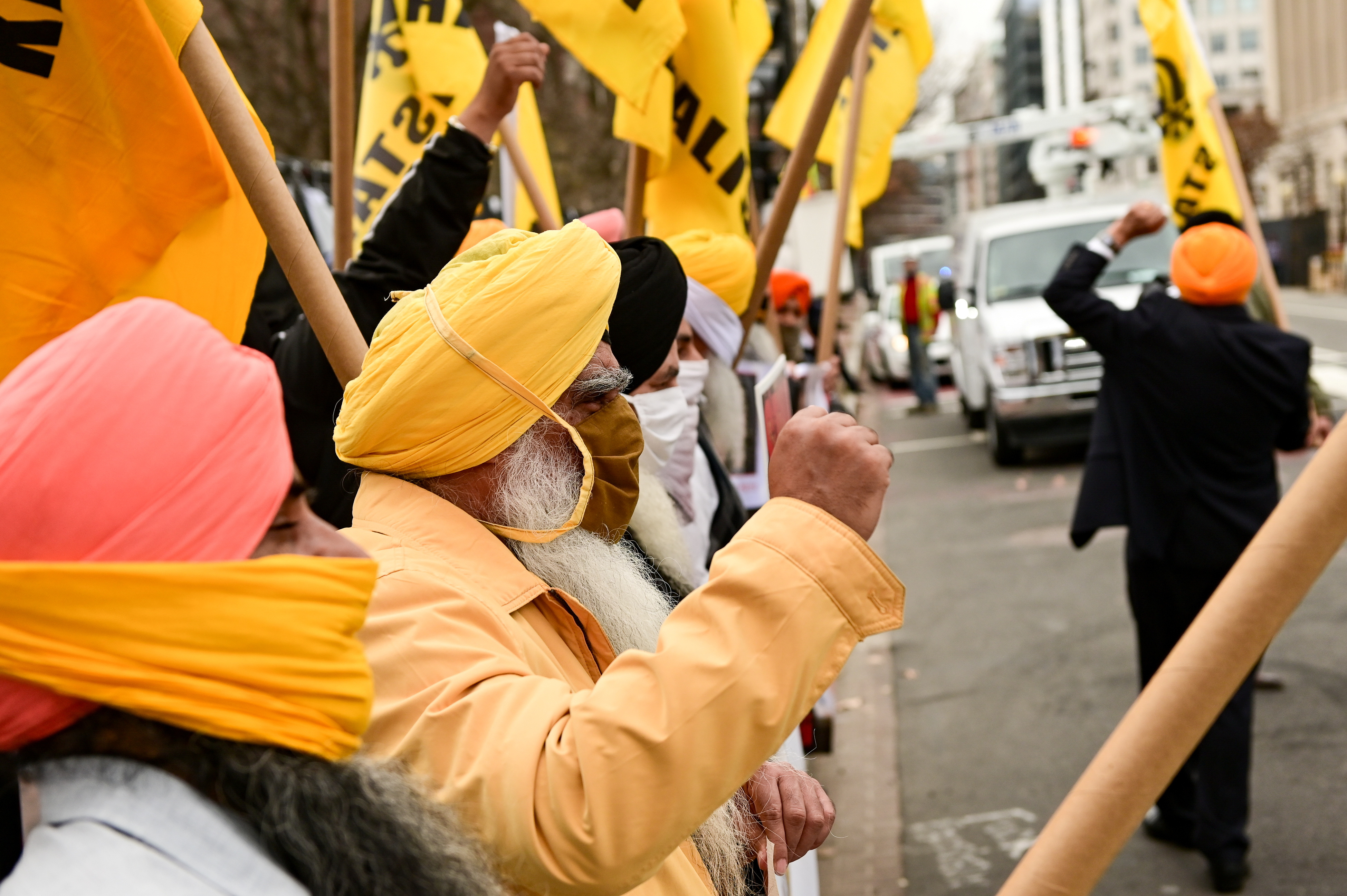 Protesters with the group Sikhs For Justice demonstrate against the Indian government's treatment of Sikh farmers near the White House in Washington