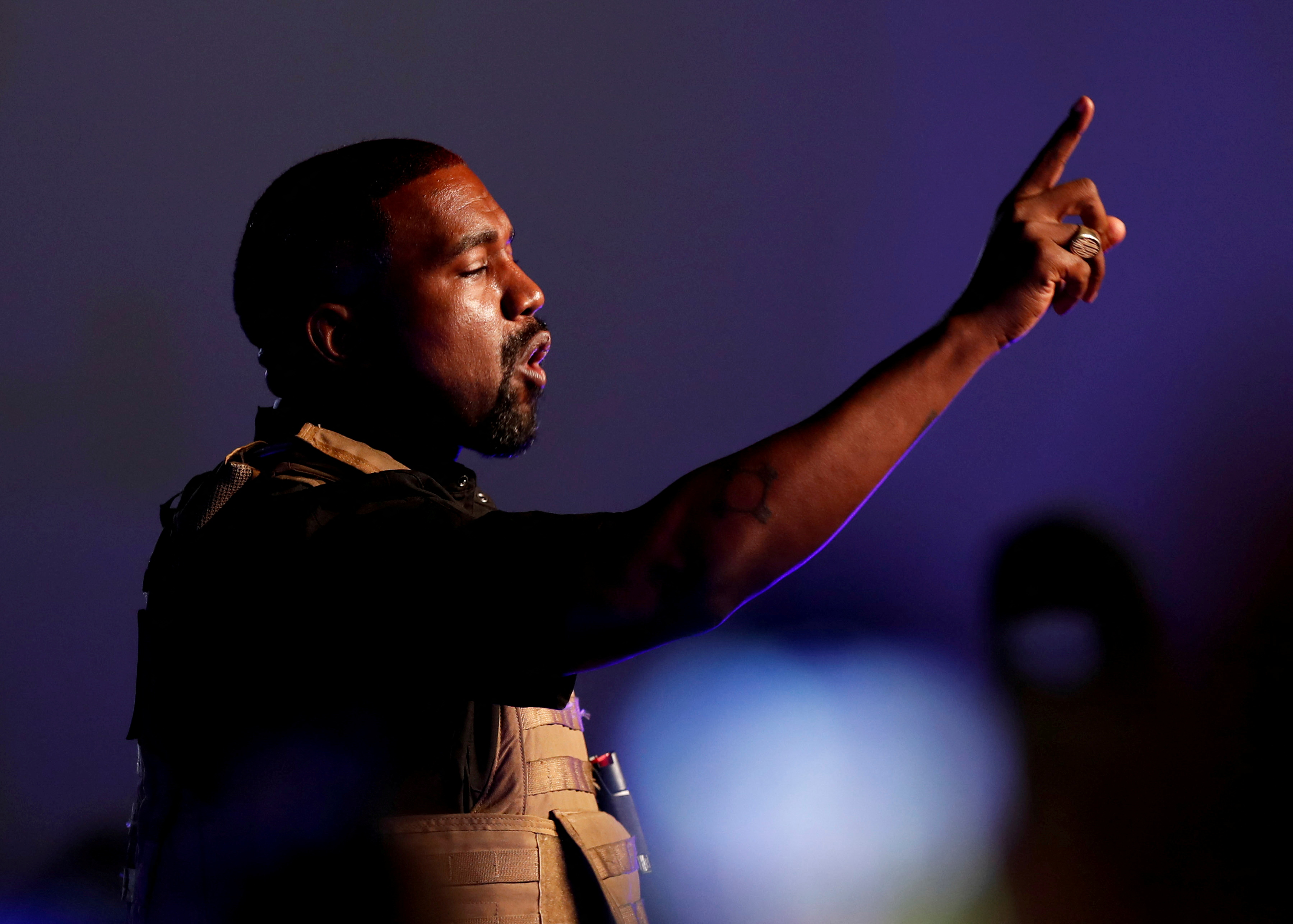 Rapper Kanye West makes a point as he holds his first rally in support of his presidential bid in North Charleston