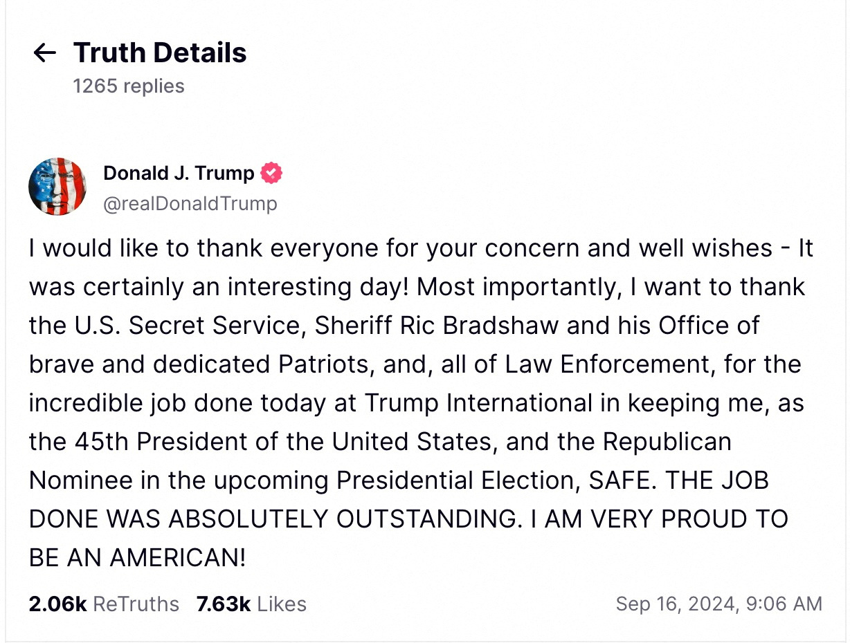 A screengrab shows Republican presidential nominee and former U.S. President Donald Trump's first post on his Truth Social account following what the FBI said was an apparent assassination attempt on Trump in Florida