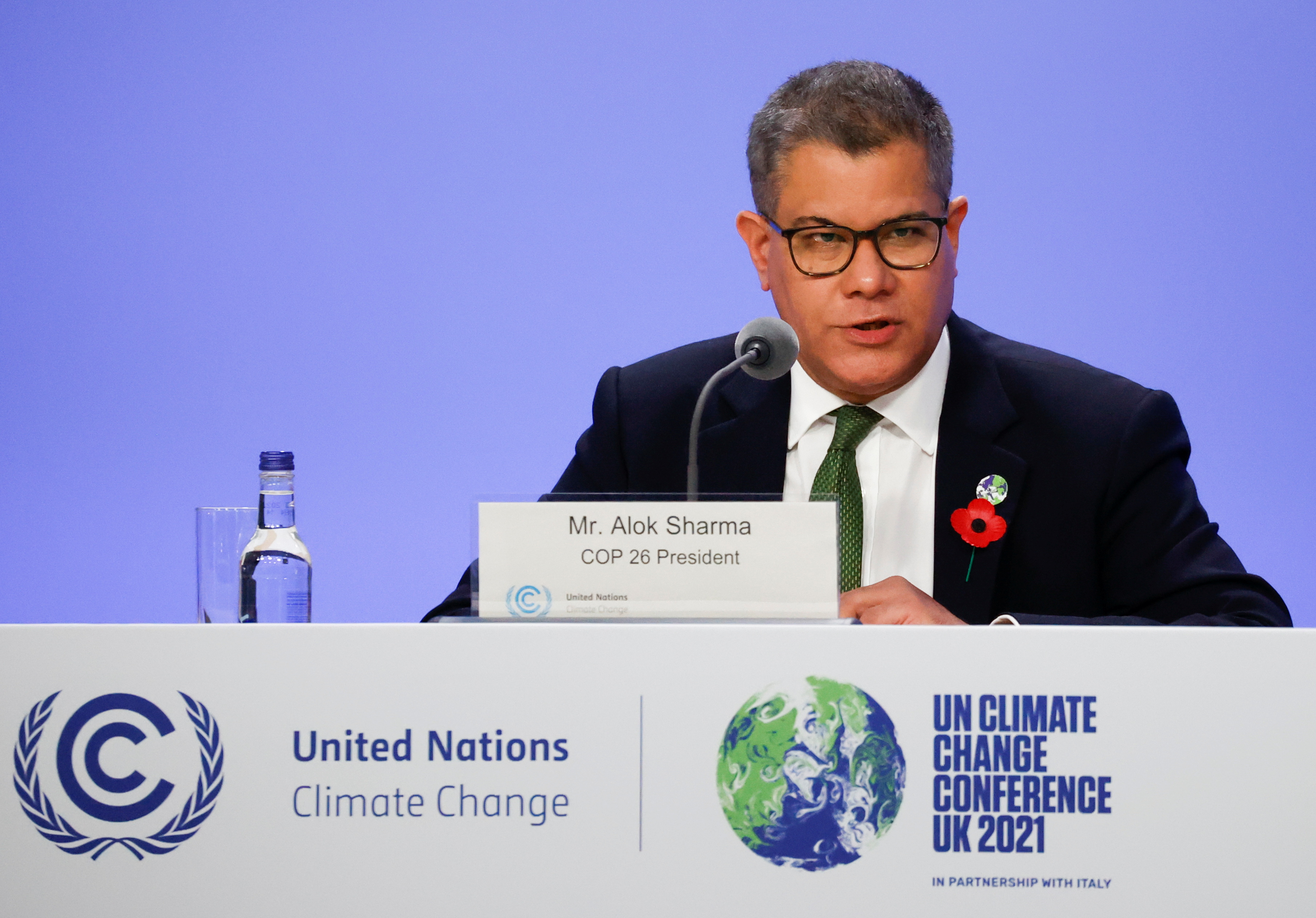 Britain's COP26 president Alok Sharma speaks during the UN Climate Change Conference (COP26), in Glasgow, Scotland, Britain November 6, 2021. REUTERS/Phil Noble