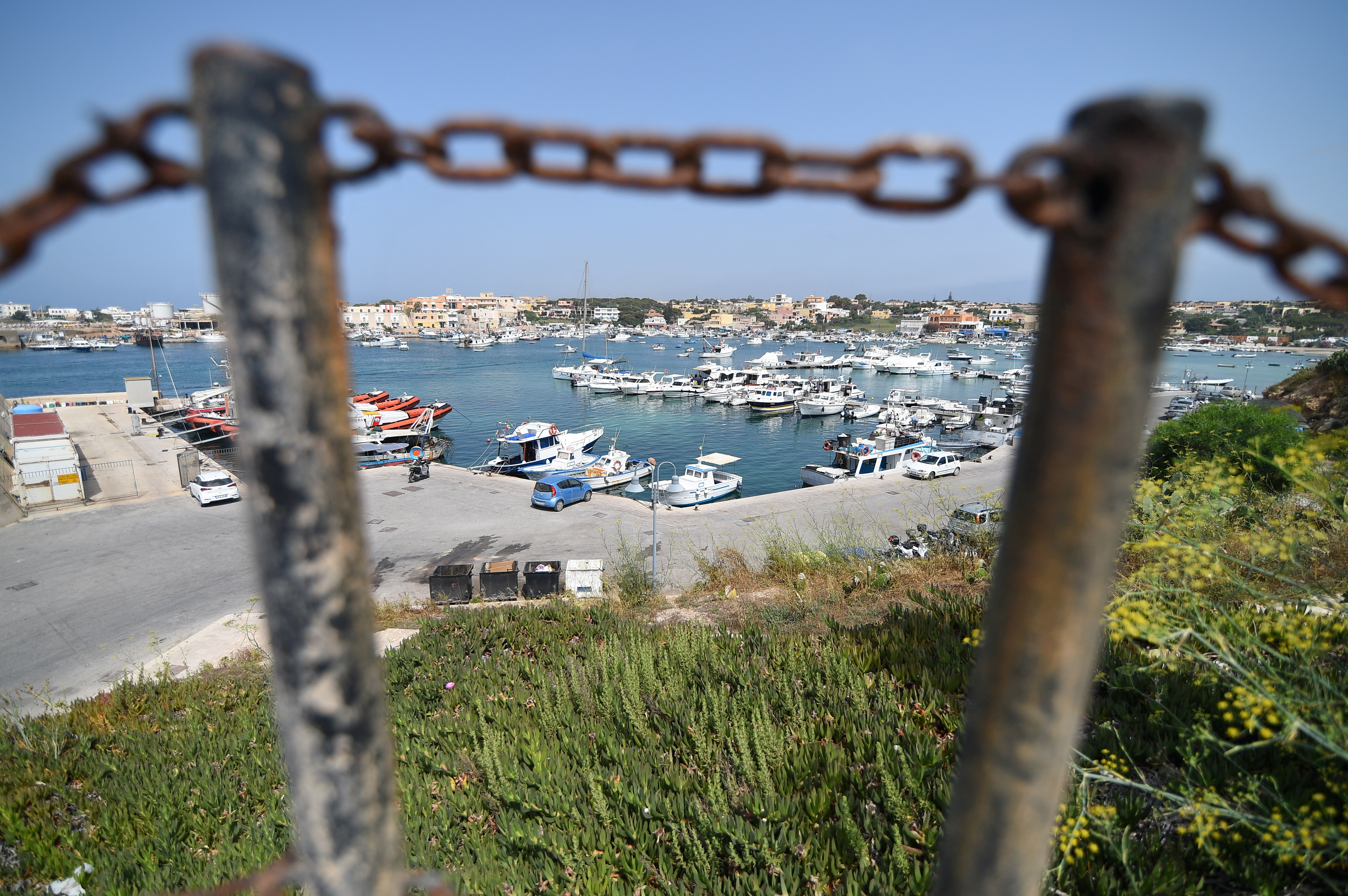 General view of the harbour on the Sicilian island of Lampedusa