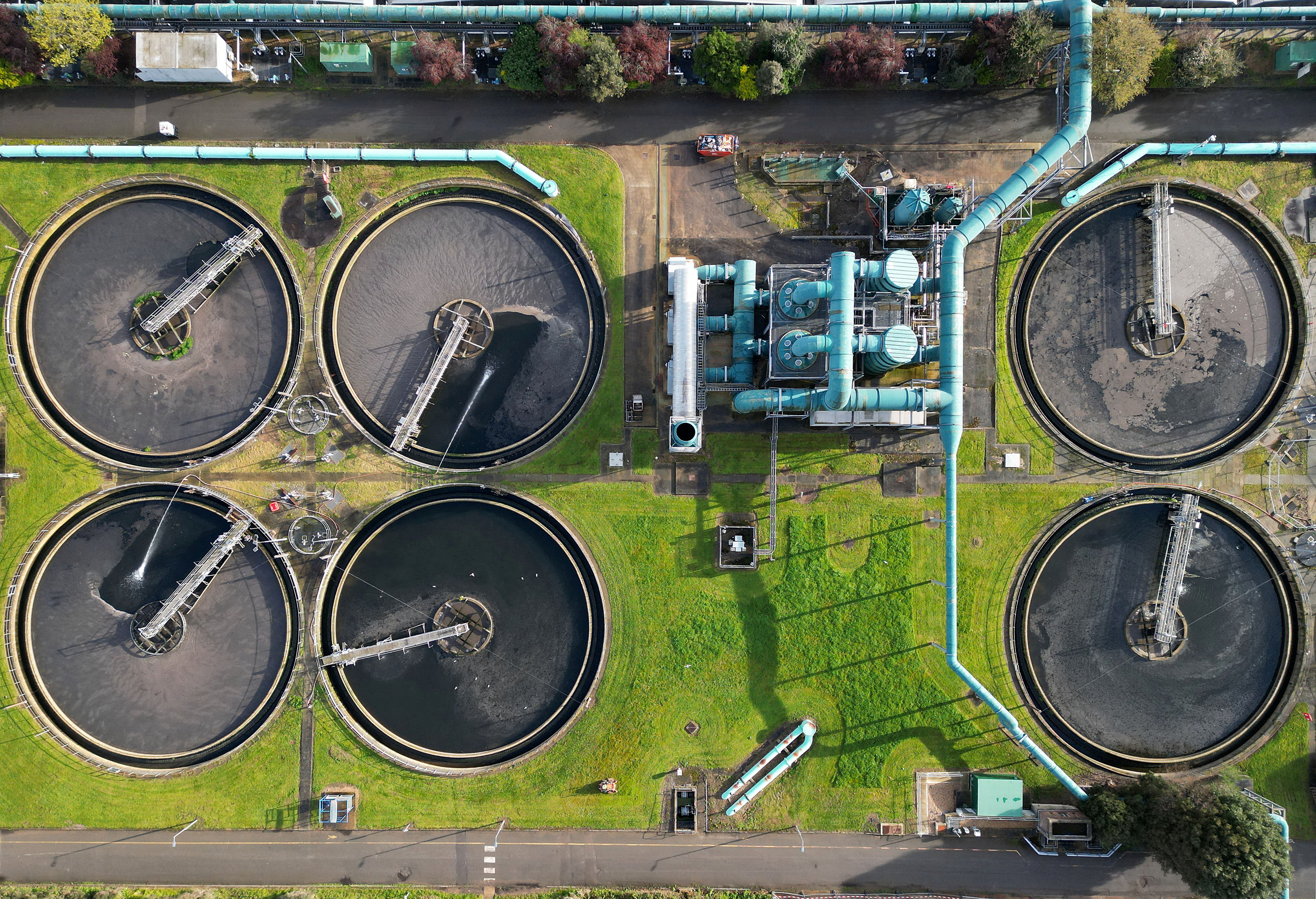 A drone view shows Mogden sewage treatment works, owned by Thames Water, in west London