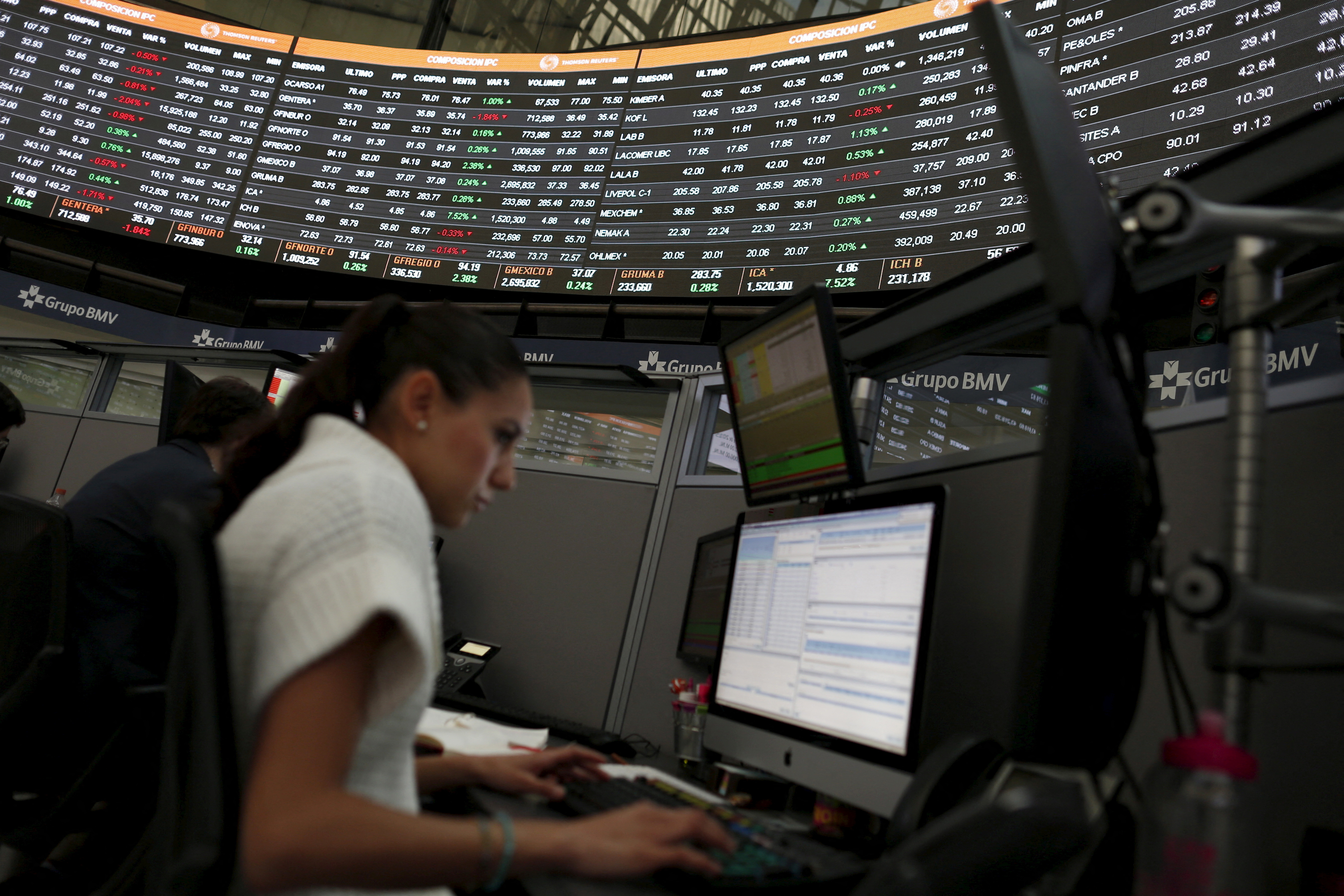 A worker is seen inside the Mexican stock market building in Mexico City, Mexico