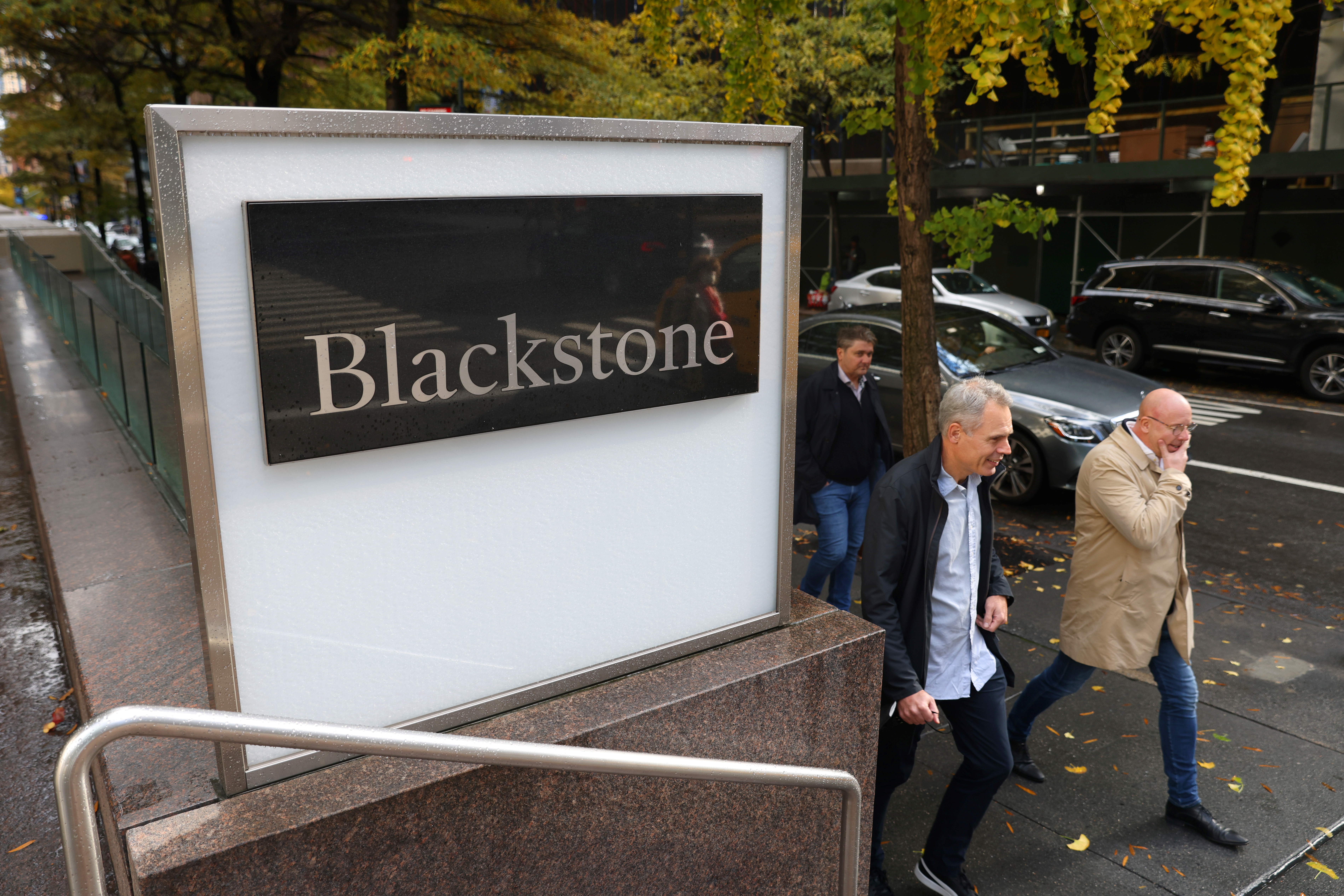 Signage is seen outside The Blackstone Group headquarters in Manhattan, New York