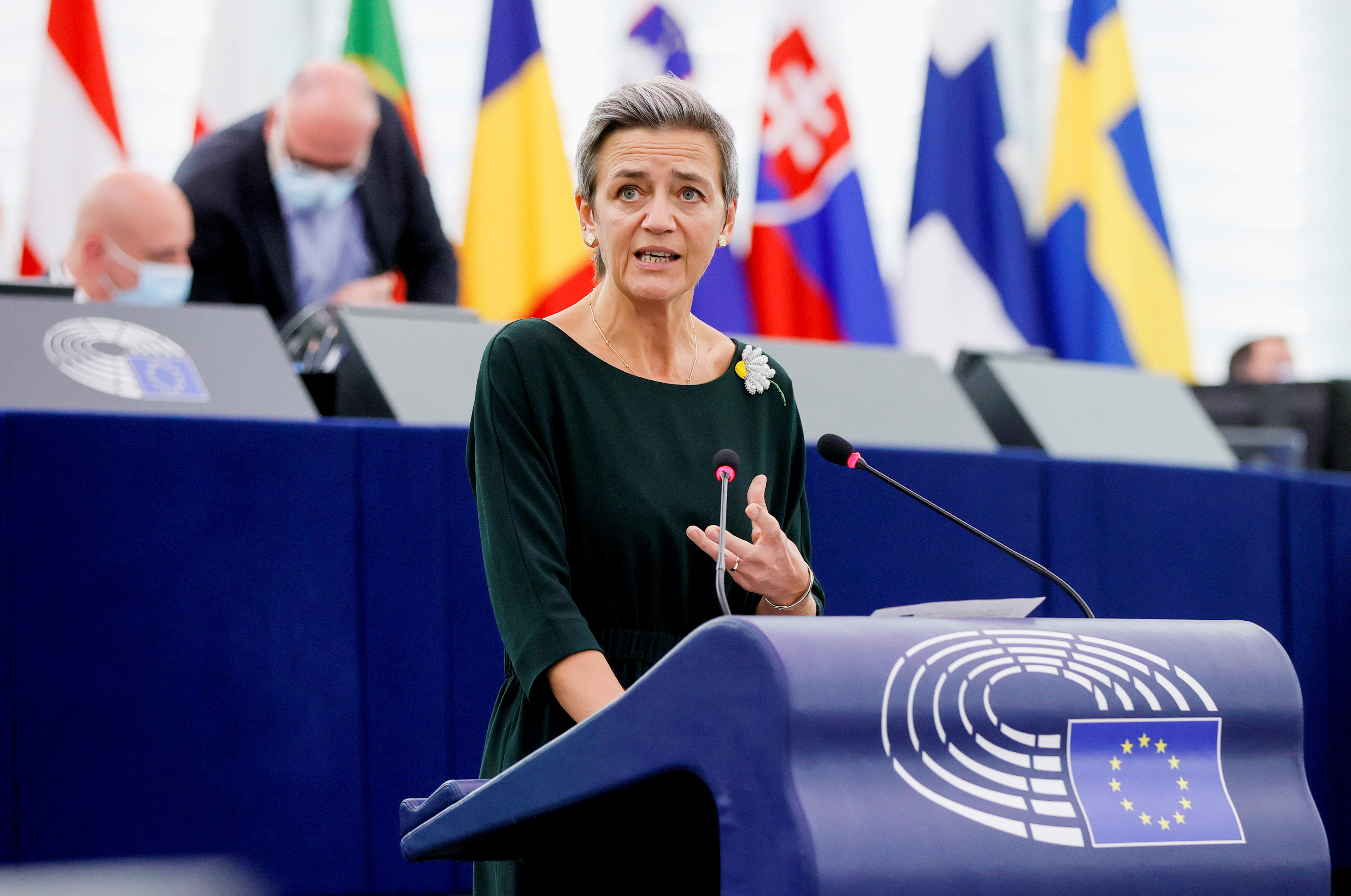 European Commission's executive Vice President Margrethe Vestager delivers a speech during a debate on EU-Taiwan political relations and cooperation at the European Parliament in Strasbourg, France, October 19, 2021. Ronald Wittek/Pool via REUTERS