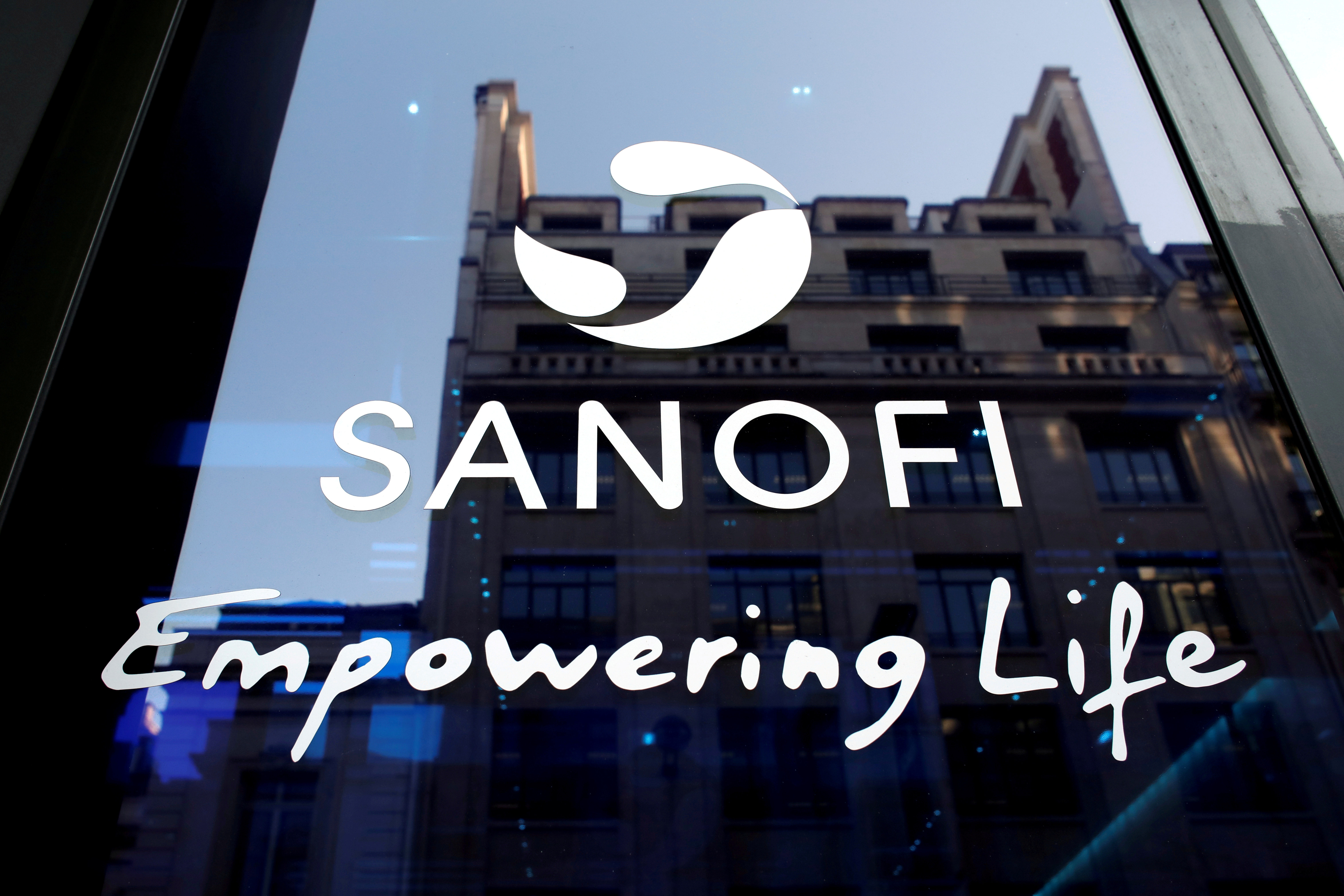 Sanofi logo is seen during the company's annual results news conference in Paris, France
