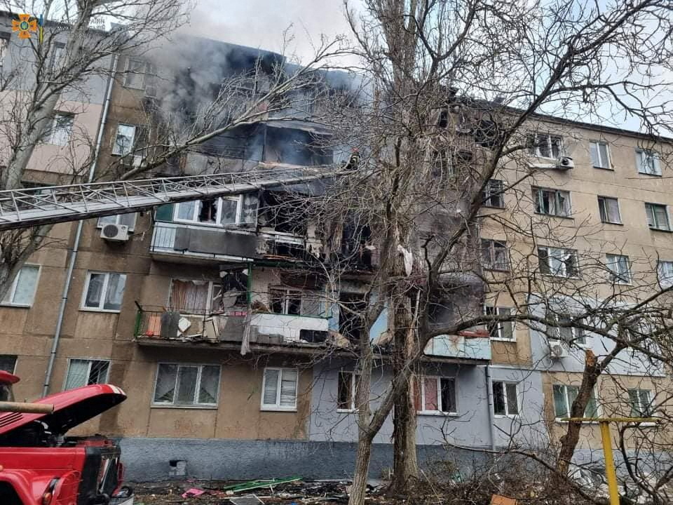 A view shows a residential building damaged by shelling in Mykolayiv