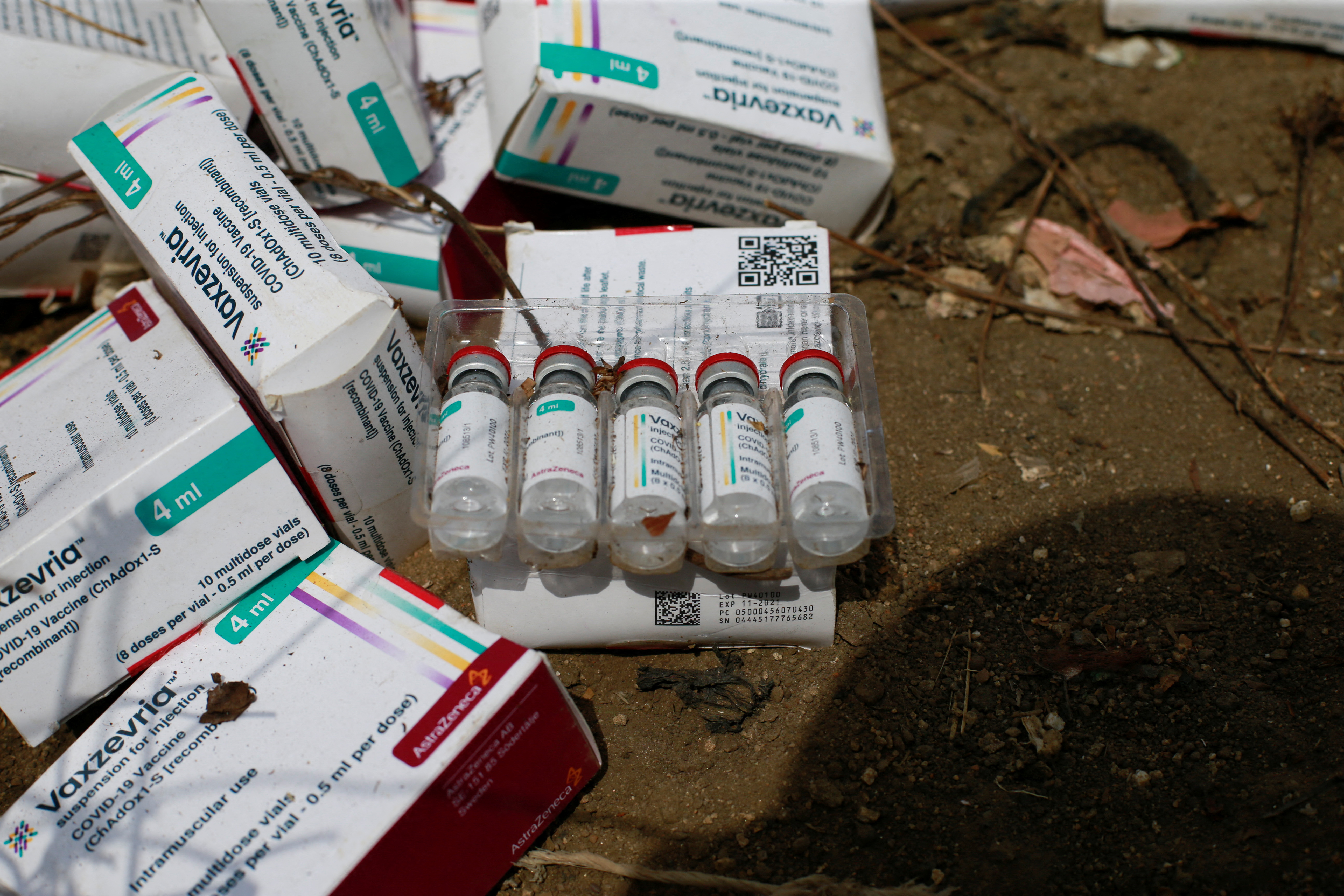 Some samples of the expired AstraZeneca Covid-19 vaccines are seen at the Gosa dump site in Abuja