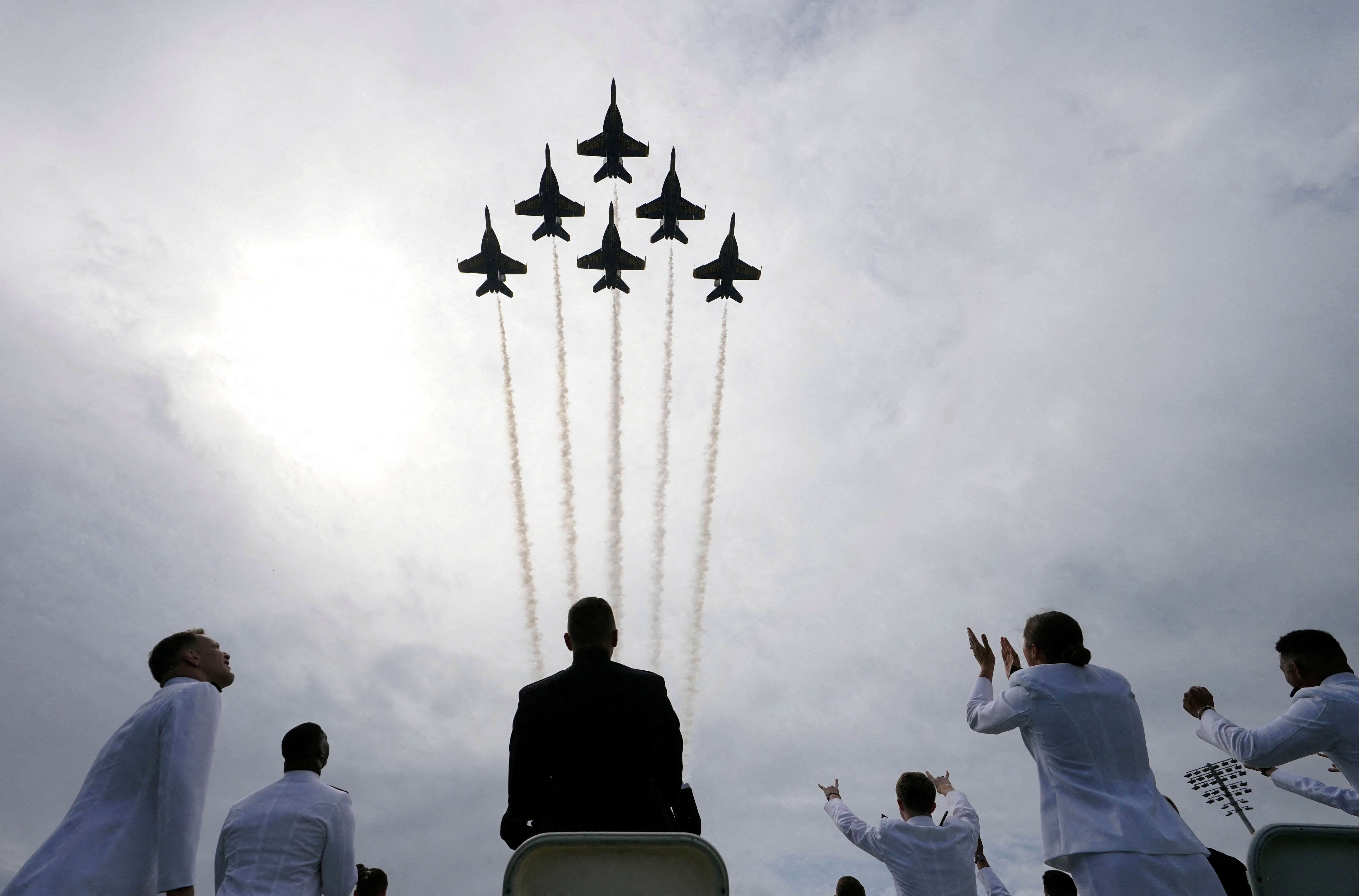 The Blue Angels perform a fly-over at the U.S. Naval Academy graduation in Annapolis