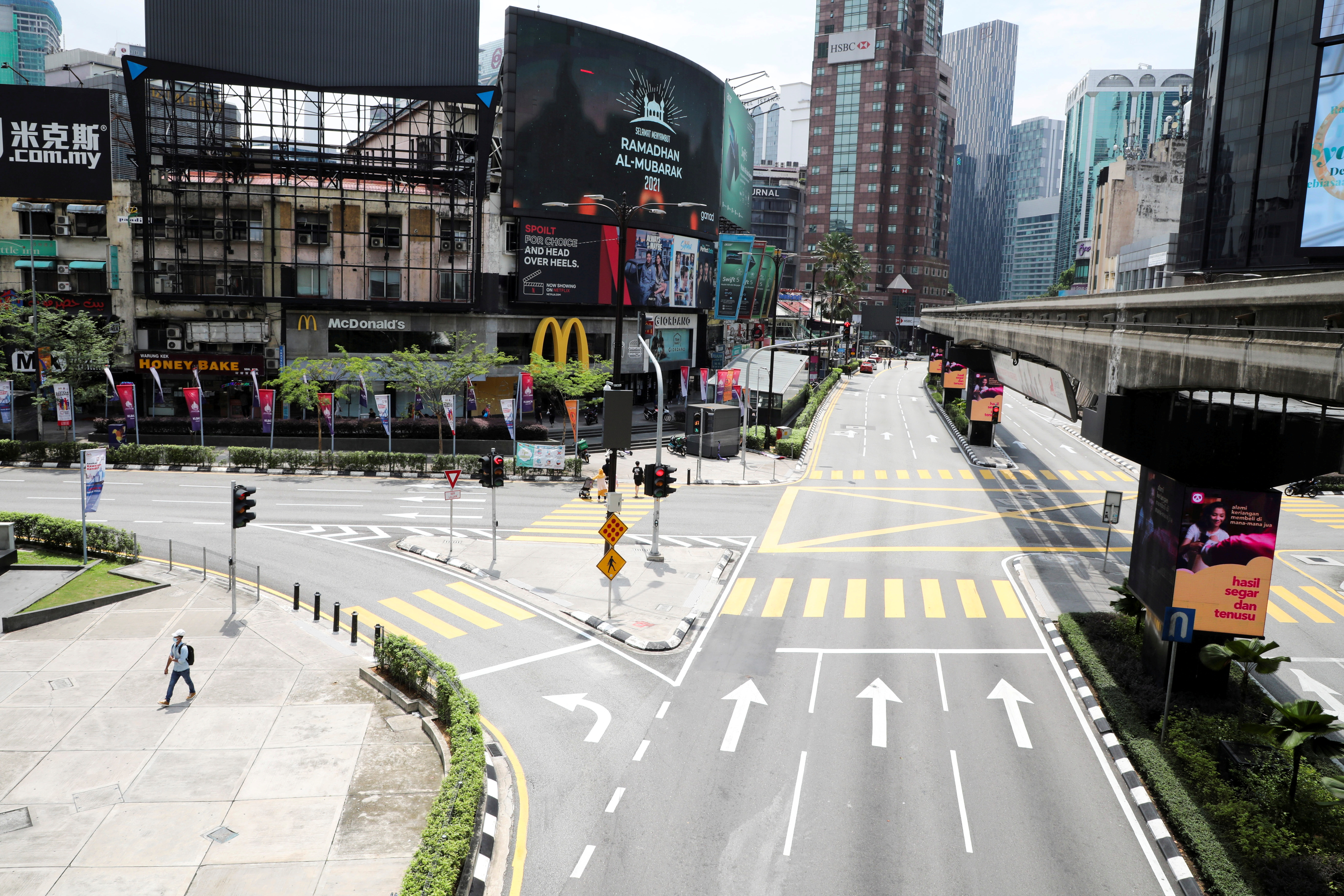 General view of a deserted street during a lockdown due to the COVID-19 pandemic, in Kuala Lumpur