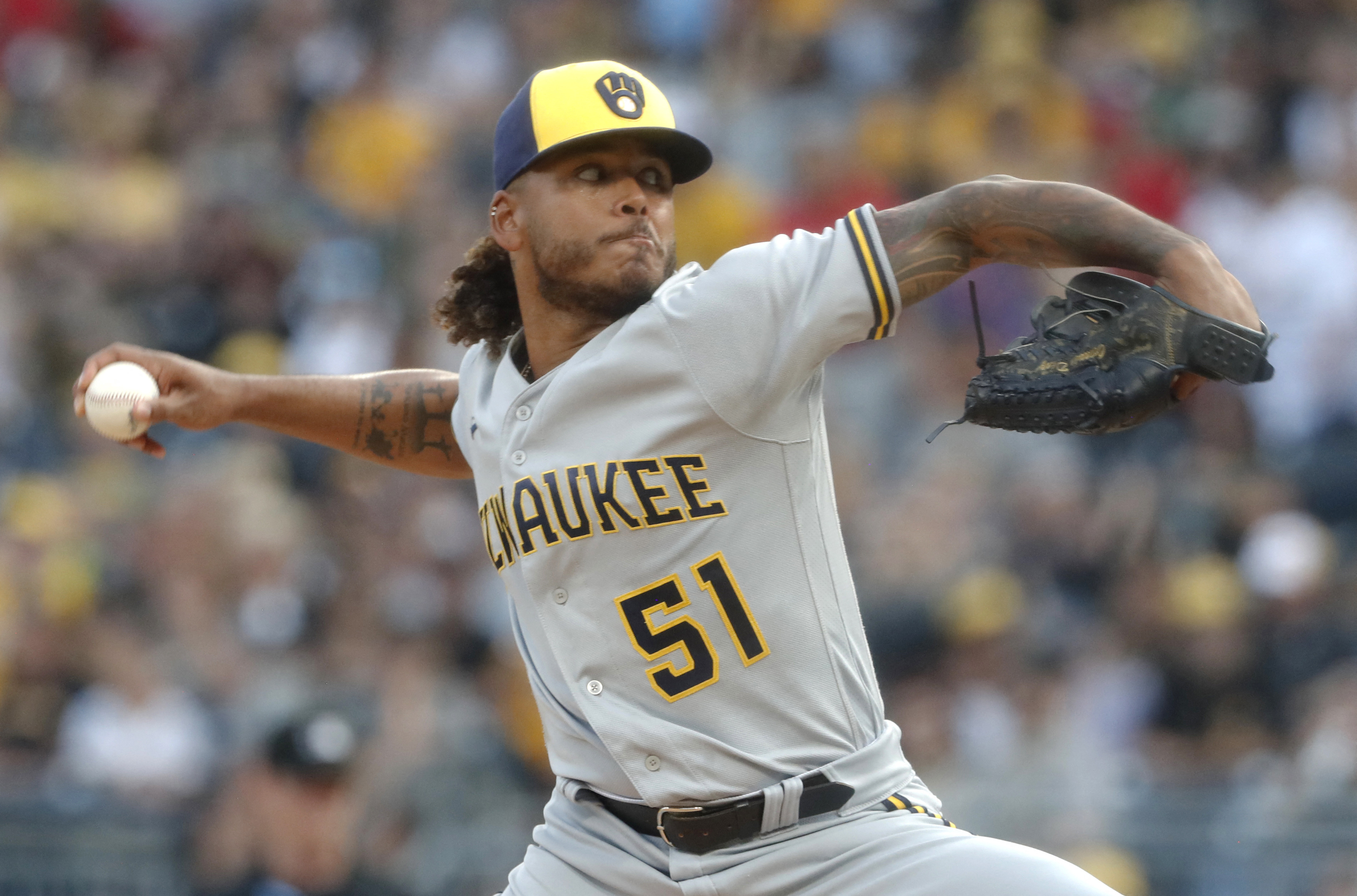 Pittsburgh Pirates' Carlos Santana hits a single during the seventh inning  of a baseball game against the Milwaukee Brewers Friday, June 16, 2023, in  Milwaukee. (AP Photo/Morry Gash Stock Photo - Alamy